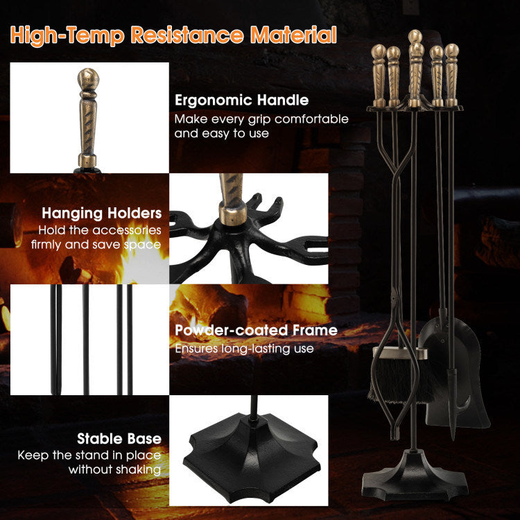 31 inch 5 Pieces Metal Fireplace Tool Set with Stand - Mountain Lakes Mall