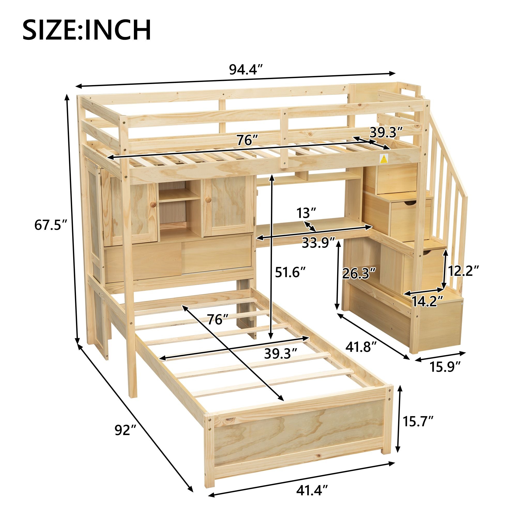 Twin over Twin Loft Bed with Built-in Desk and Staircase, With Storage Compartments and Shelves, Natural