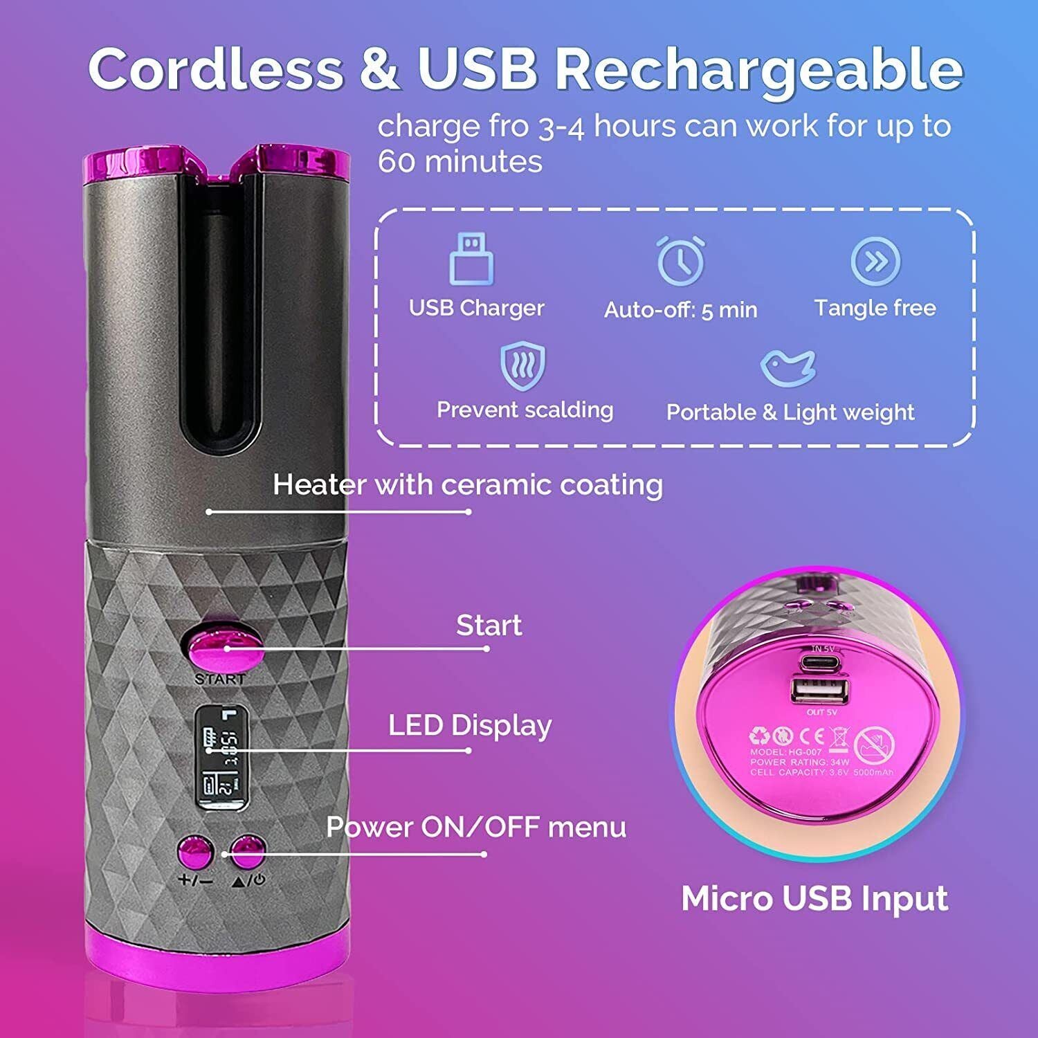 Cordless Auto Rotating Hair Curler Hair Waver Curling Iron Styling Tool Purple - Mountain Lakes Mall