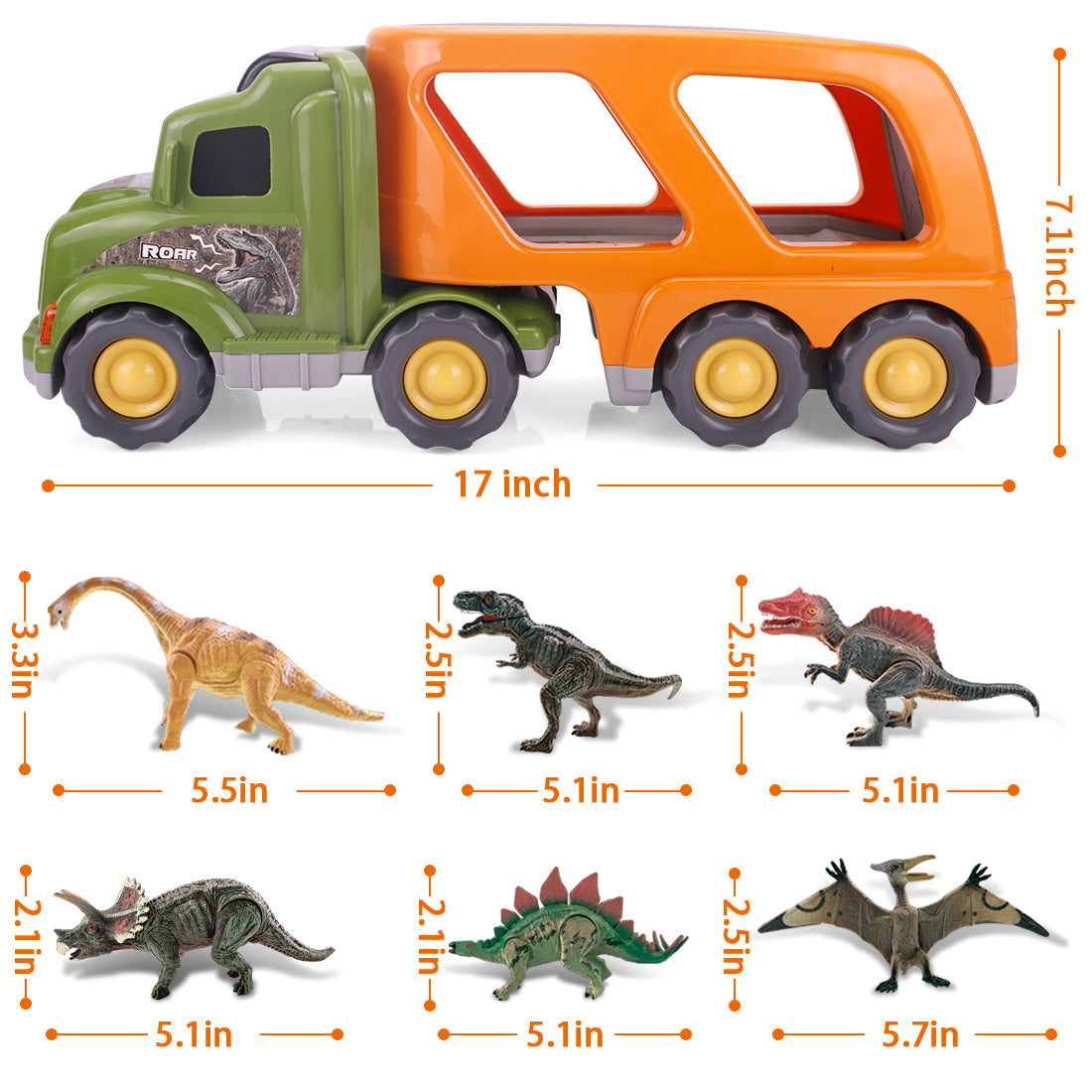 Toy Dinosaur for 2 3 4 Years Old Boys and Girls;  Car Transport Truck with Sound and Light;  6 Pack of 5'' Dinosaur Toys - Mountain Lakes Mall