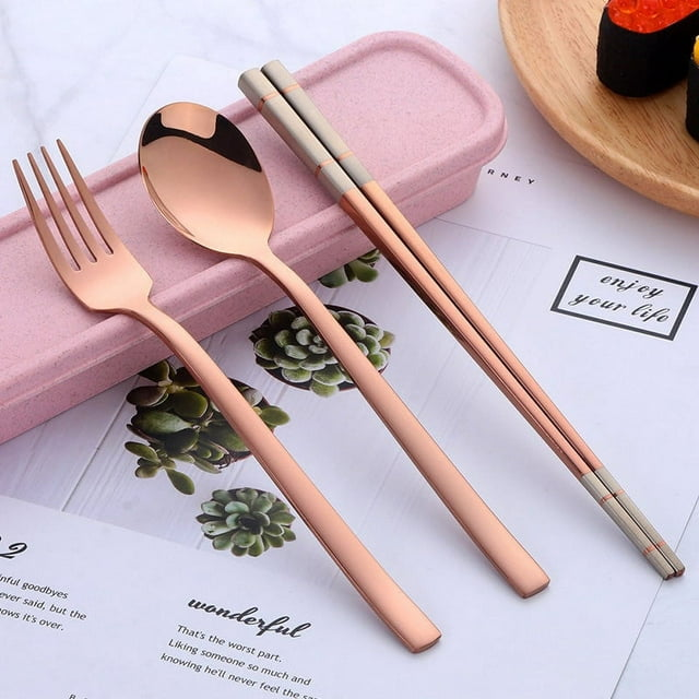 Stainless Steel Cutlery Set - Spoon Fork & Chopsticks with Wheat Box - Travel Set - Mountain Lakes Mall