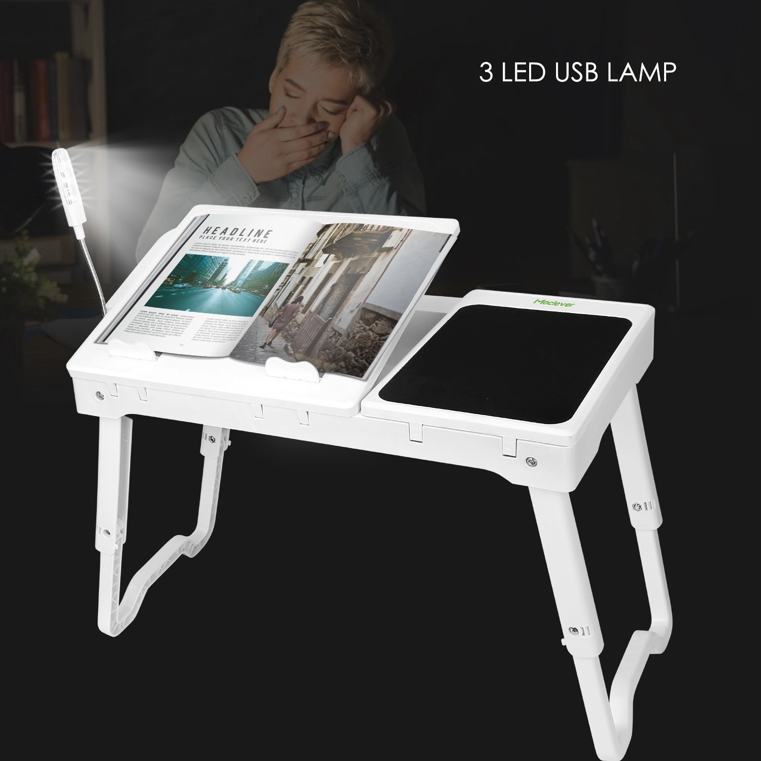 Foldable Laptop Table Bed Notebook Desk with Cooling Fan Mouse Board LED light 4 xUSB Ports Breakfast Snacking Tray - Mountain Lakes Mall