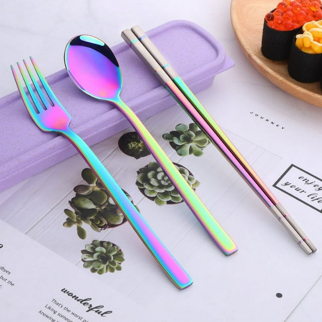 Stainless Steel Cutlery Set - Spoon Fork & Chopsticks with Wheat Box - Travel Set - Mountain Lakes Mall