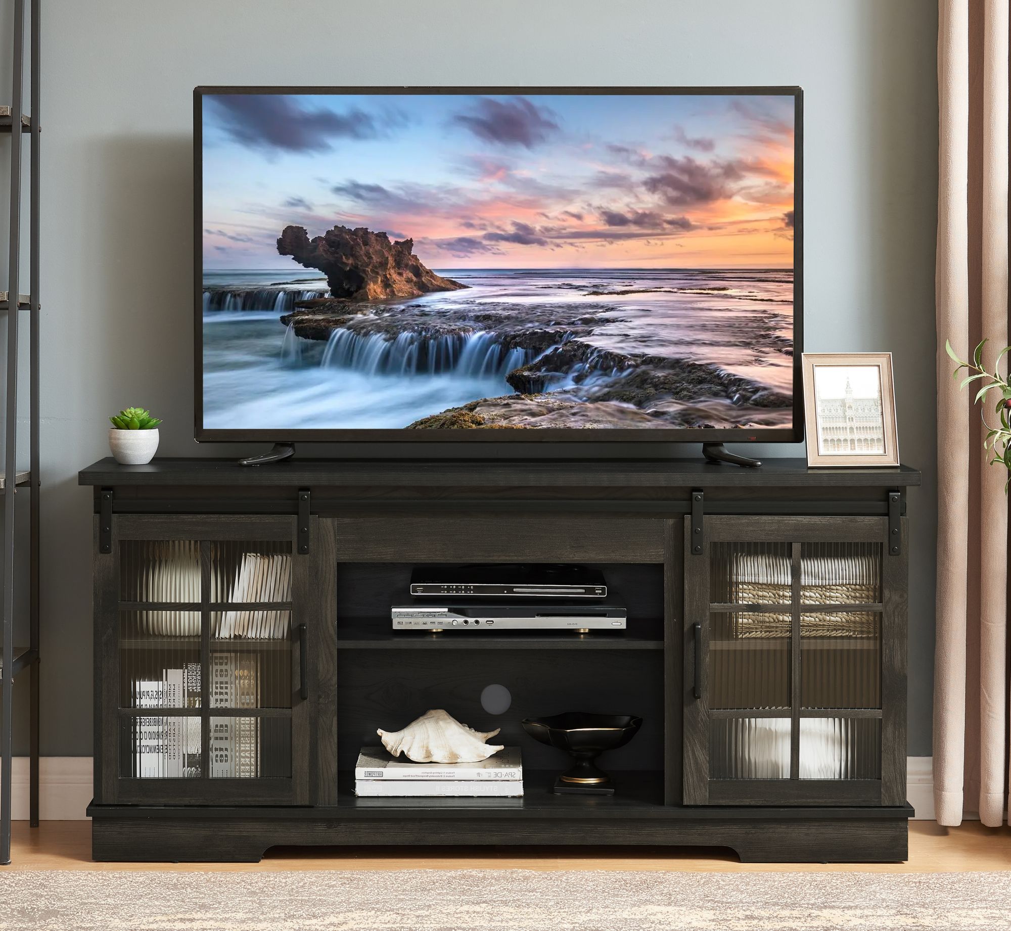 Multipurpose Sliding Door TV Stand Large Storage Cabinet with 2 Sliding Fluted Glass Tempered Doors, TV Up to 65'', TV Desk Storage Rack, Charcoal GREY, 59.13"W*15.94"D*27.8"H - Mountain Lakes Mall