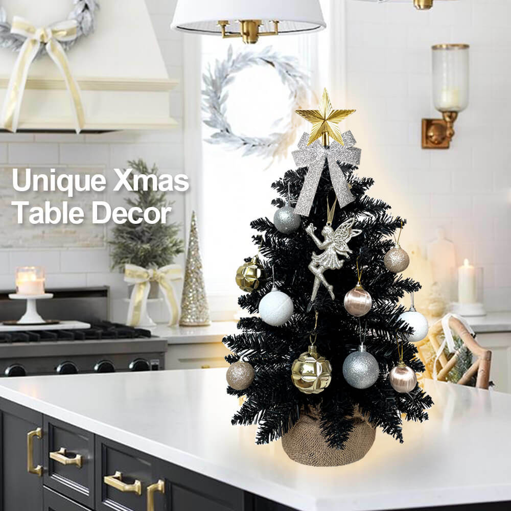 2ft Mini Christmas Tree with Light Artificial Small Tabletop Black Christmas Decoration with Flocked Snow;  Exquisite Decor & Xmas Ornaments for Table Top for Home & Office