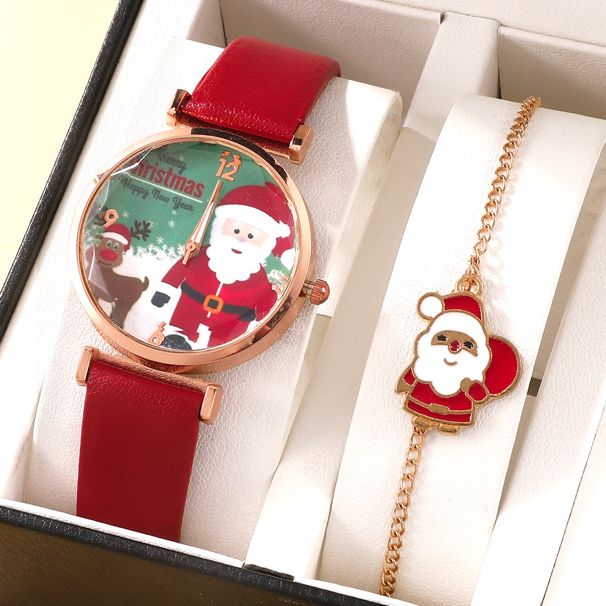 2pcs Christmas Santa Dial Women's Fashion Watch Bracelet Watches Set Ladies Leather Band Quartz Wristwatch(No Box) - Mountain Lakes Mall