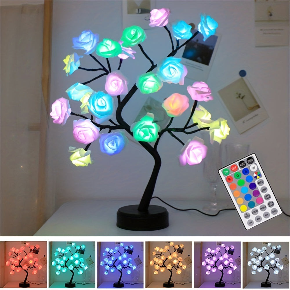 1pc, 24 LED RGB 16 Colors Rose Tree Night Light Battery And USB Plug Operated Rose Flower Fairy Lights Remote Control Mini Christmas Tree Table Lamp For Gift Indoor - Mountain Lakes Mall