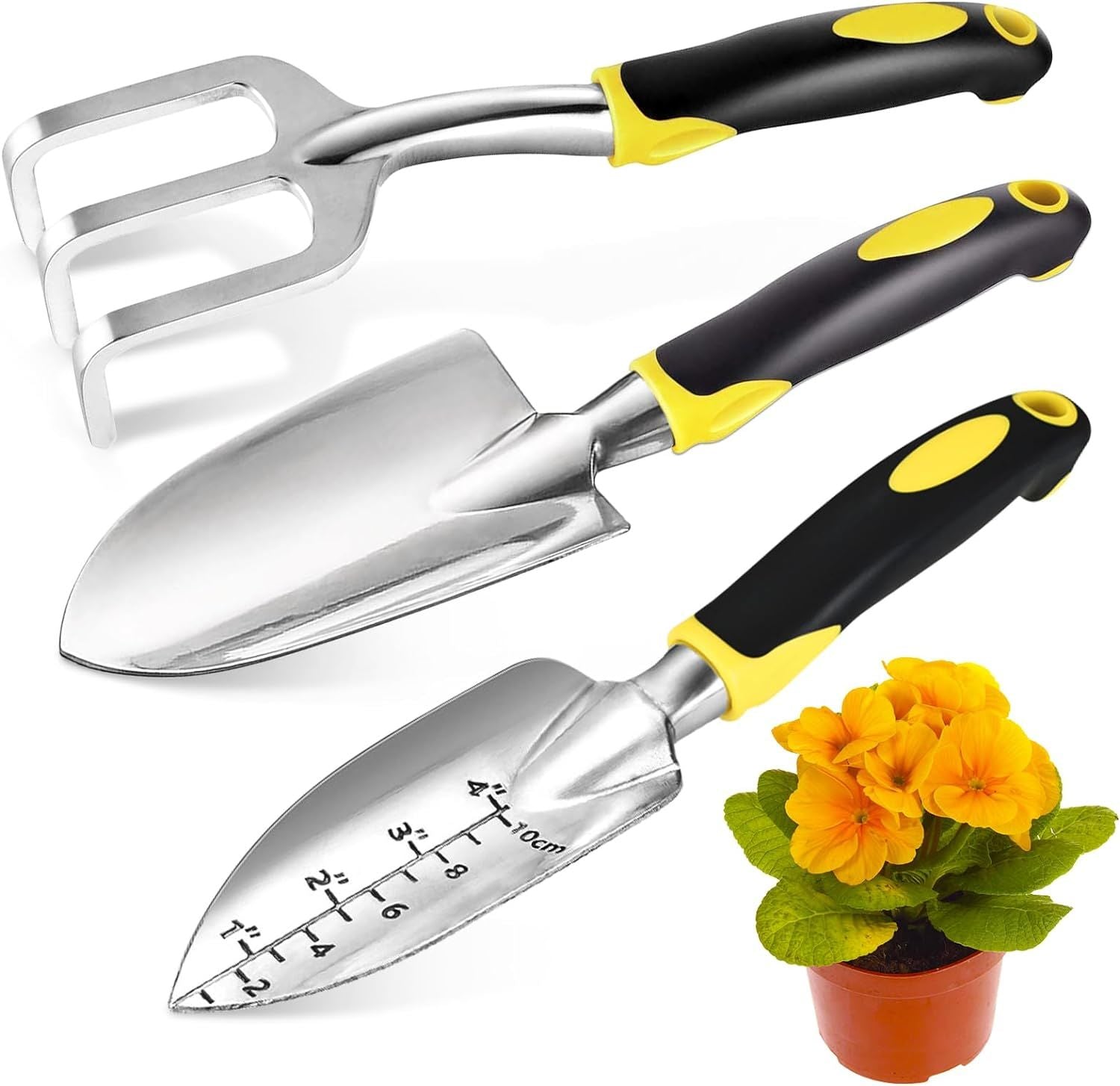 Gardening Hand Tools 3 Piece Set - Heavy Duty Garden Trowel, Transplanter, Hand Rake - Mountain Lakes Mall