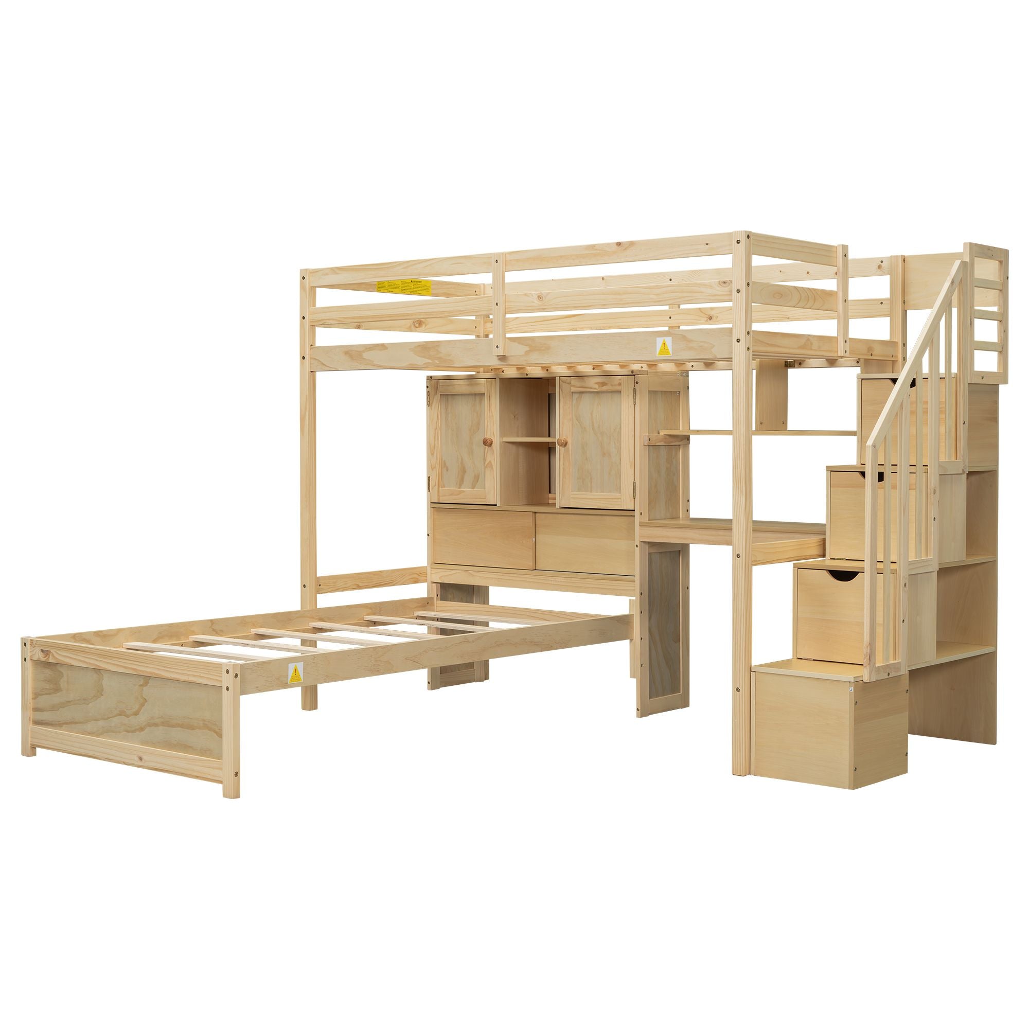 Twin over Twin Loft Bed with Built-in Desk and Staircase, With Storage Compartments and Shelves, Natural