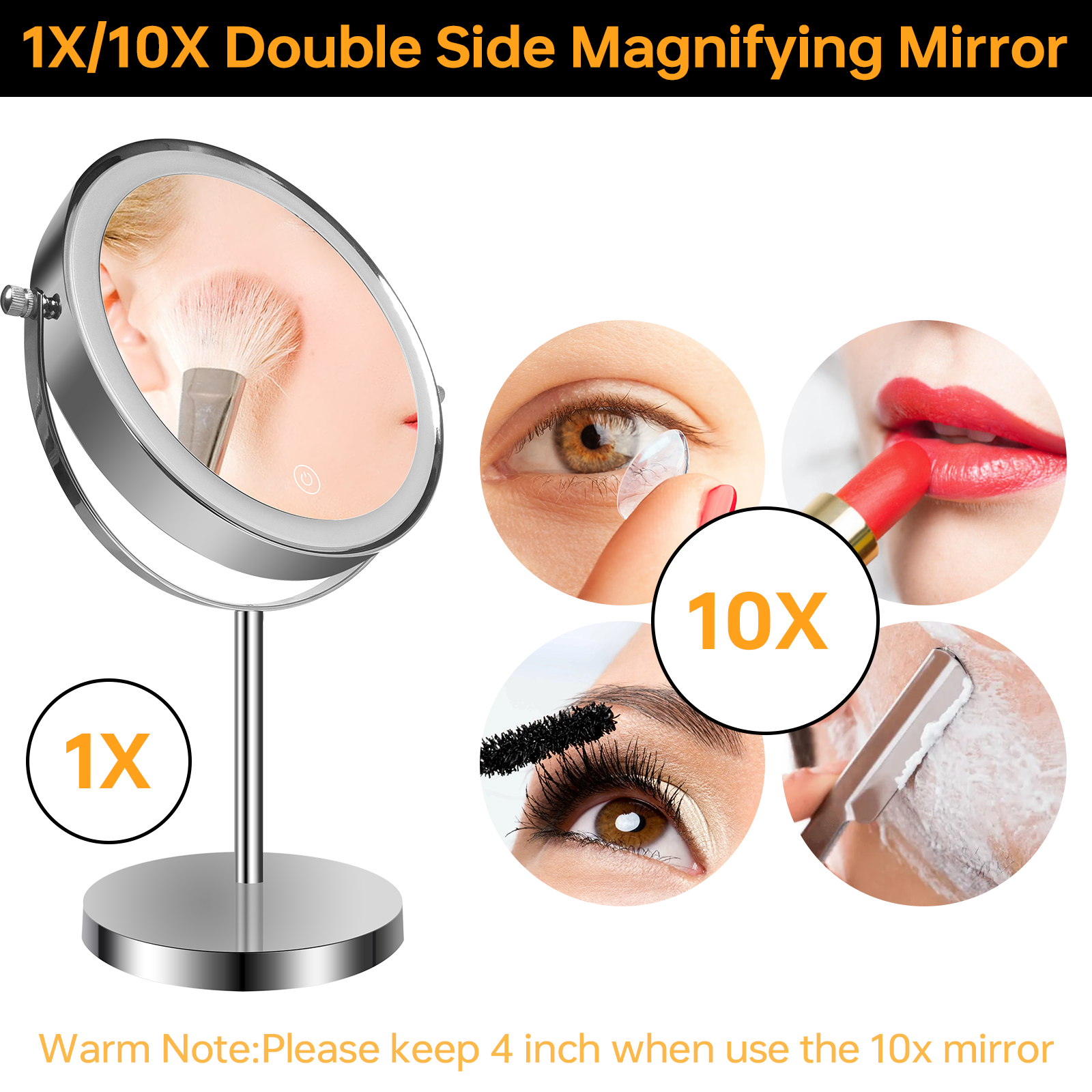 8-inch Makeup Mirror with Lights, Double Sided 1X/10X Magnifying Mirror, 3 Color Lighting Dimmable Vanity Mirror with 360° Swivel , Built-In Battery Operated - Mountain Lakes Mall