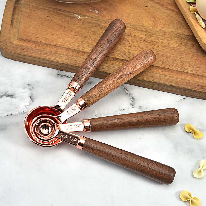 Rose Gold Measuring Cups and Spoons Set, Copper Pink Stainless Steel Cup and Spoon with Wooden Handle, Coffee Cake Milk Baking Measuring Cup - Mountain Lakes Mall