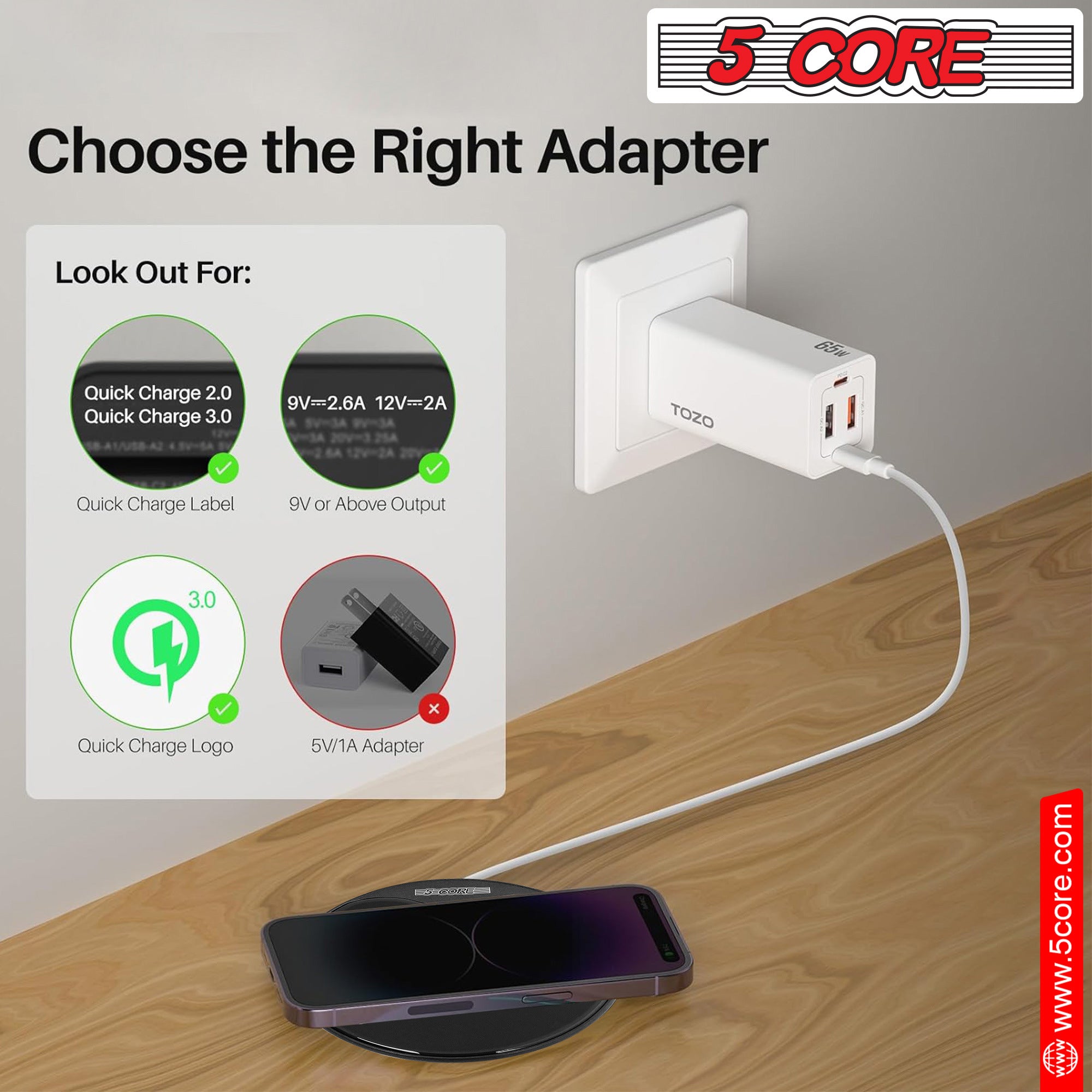 5 Core Wireless Charger, 15W Qi-Certified Max Fast Wireless Charging - Mountain Lakes Mall