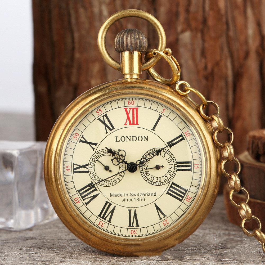 Brass Uncovered Roman Characters Five-pin Manual Manipulator Large Pocket Watch - Mountain Lakes Mall