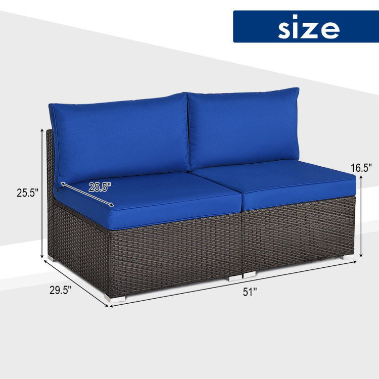 2 Pieces Patio Rattan Armless Sofa Set with 2 Cushions and 2 Pillows - Mountain Lakes Mall