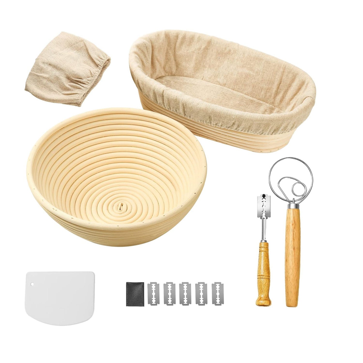 Complete Bread Baking Kit Banneton Proofing Basket Set 9In Round And 10In Oval Basket With Linen Liner Lame Dough Scraper Blender Whisk - Mountain Lakes Mall