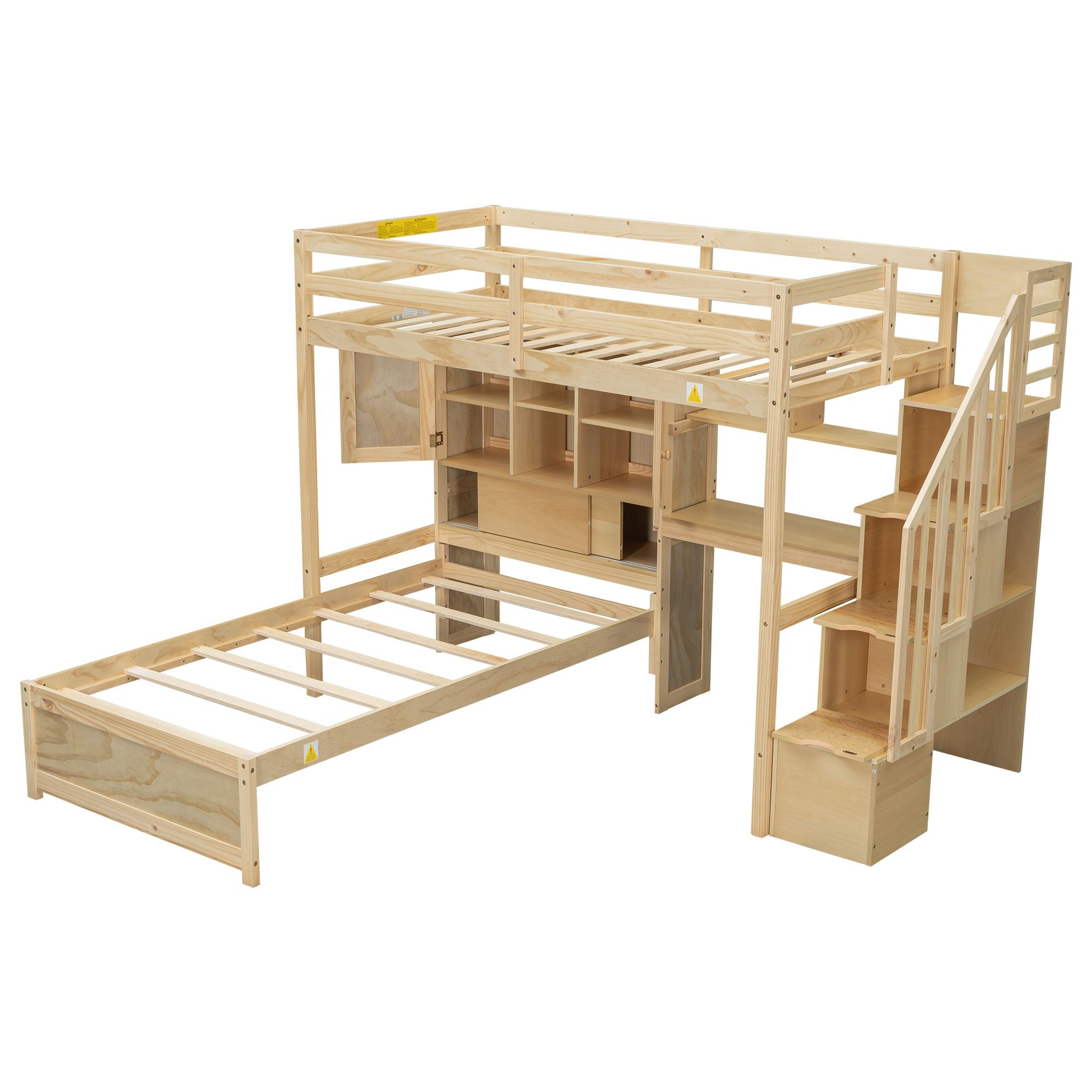 Twin over Twin Loft Bed with Built-in Desk and Staircase, With Storage Compartments and Shelves, Natural