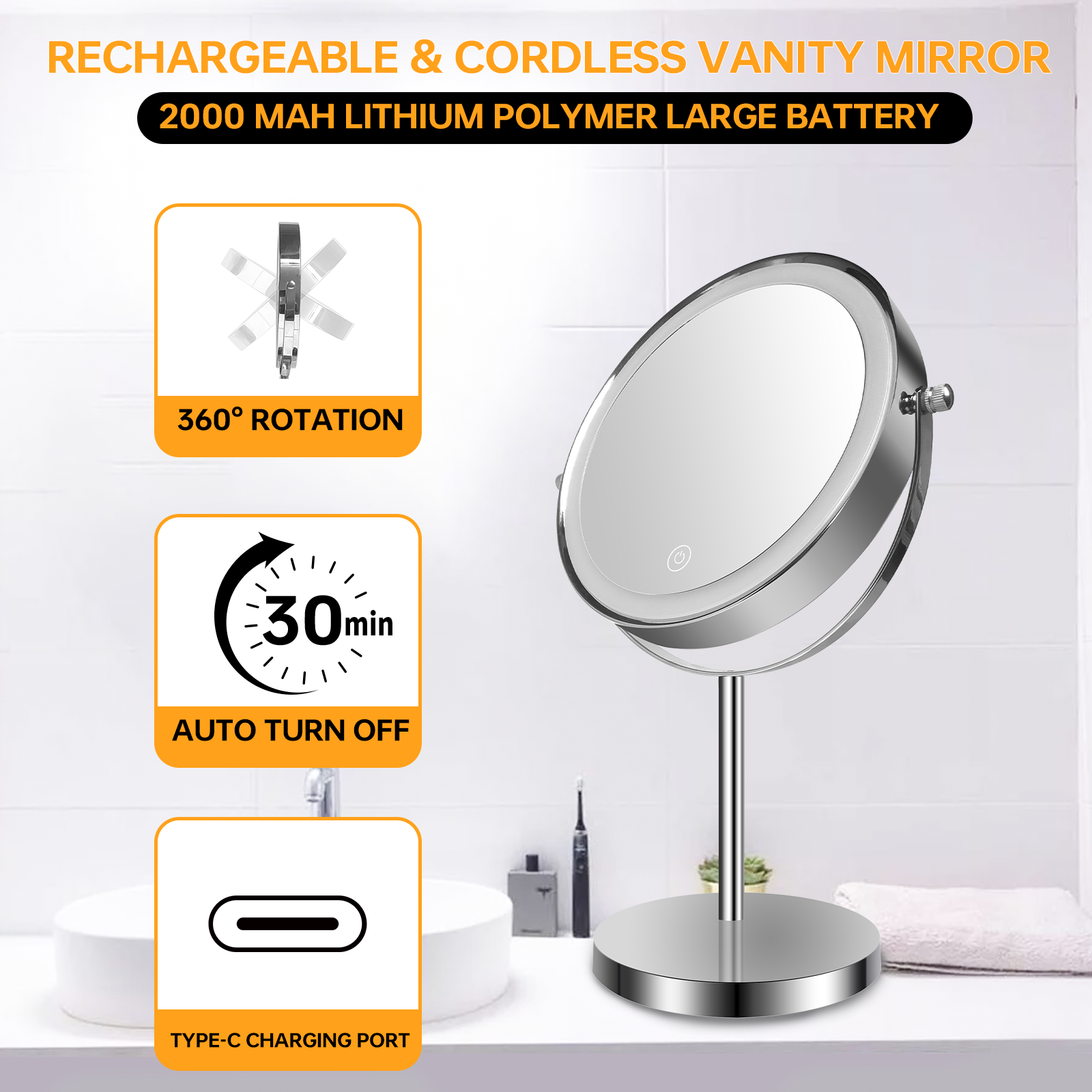 8-inch Makeup Mirror with Lights, Double Sided 1X/10X Magnifying Mirror, 3 Color Lighting Dimmable Vanity Mirror with 360° Swivel , Built-In Battery Operated - Mountain Lakes Mall