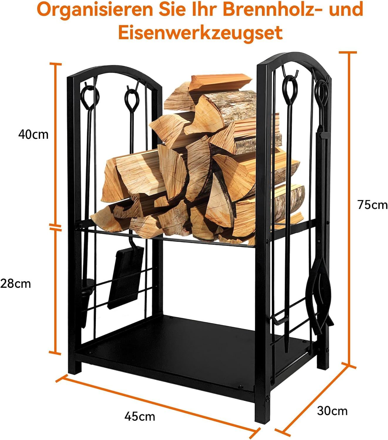 Indoor Firewood Rack with 4-Piece Fireplace Tools Set, 2-Layer Firewood Rack and Fireplace Accessories, Wood Stove Metal Firewood Stand with Fireplace Cutlery for Wood Storage, Black, 45 x 30 - Mountain Lakes Mall