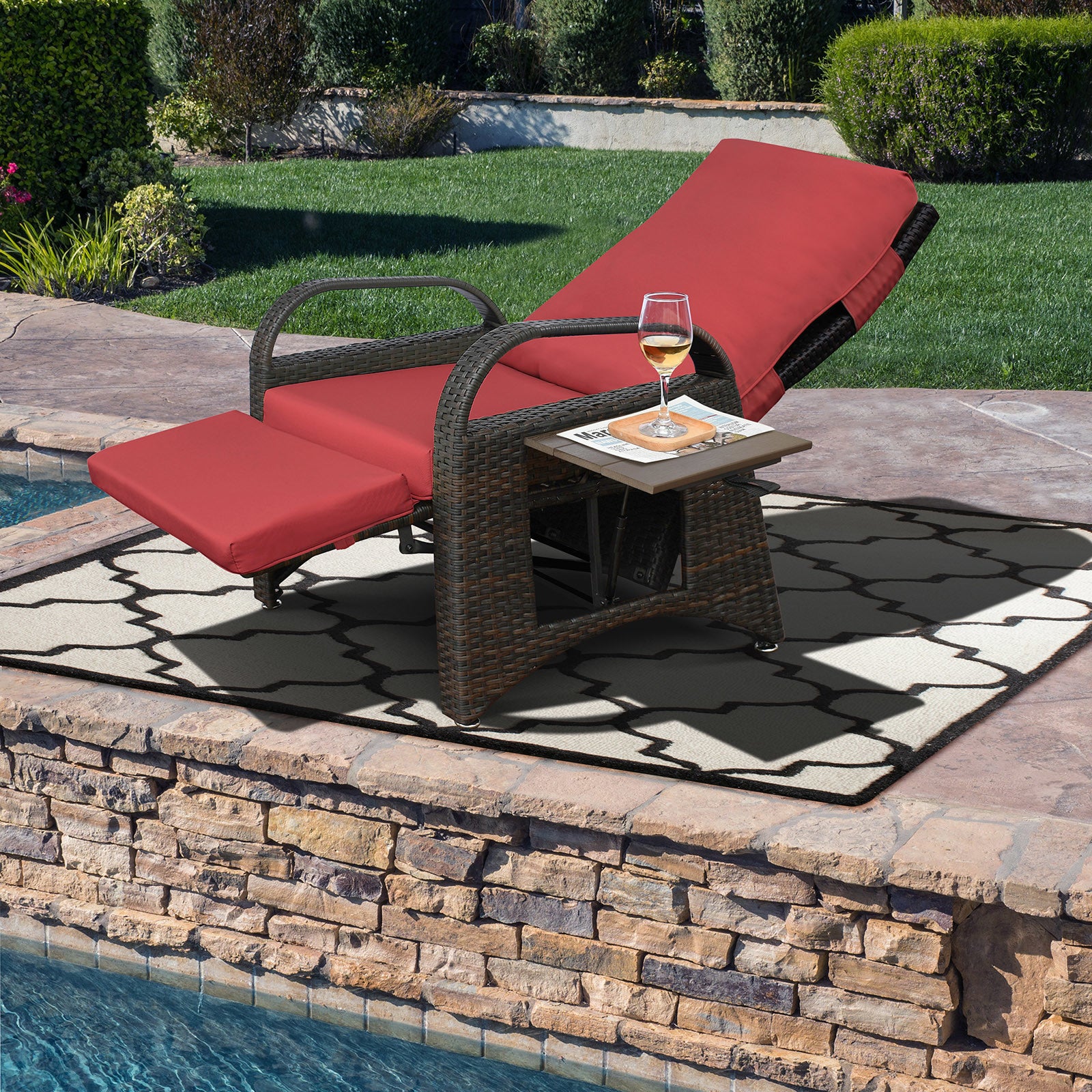 Outdoor Adjustable Wicker Recliner with Flip Table - Mountain Lakes Mall