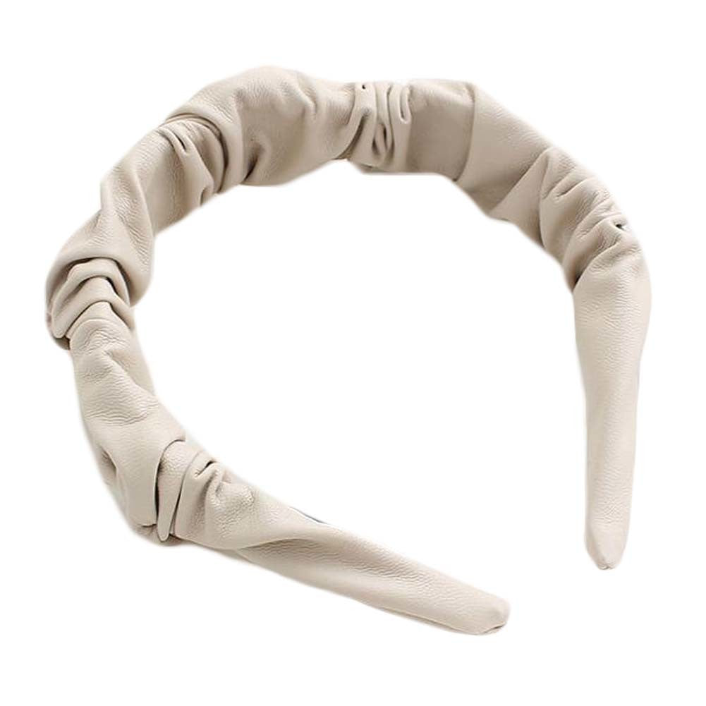 Beige PU Leather Pleated Wide Headband Womens Simple Hairband Hair Accessories - Mountain Lakes Mall