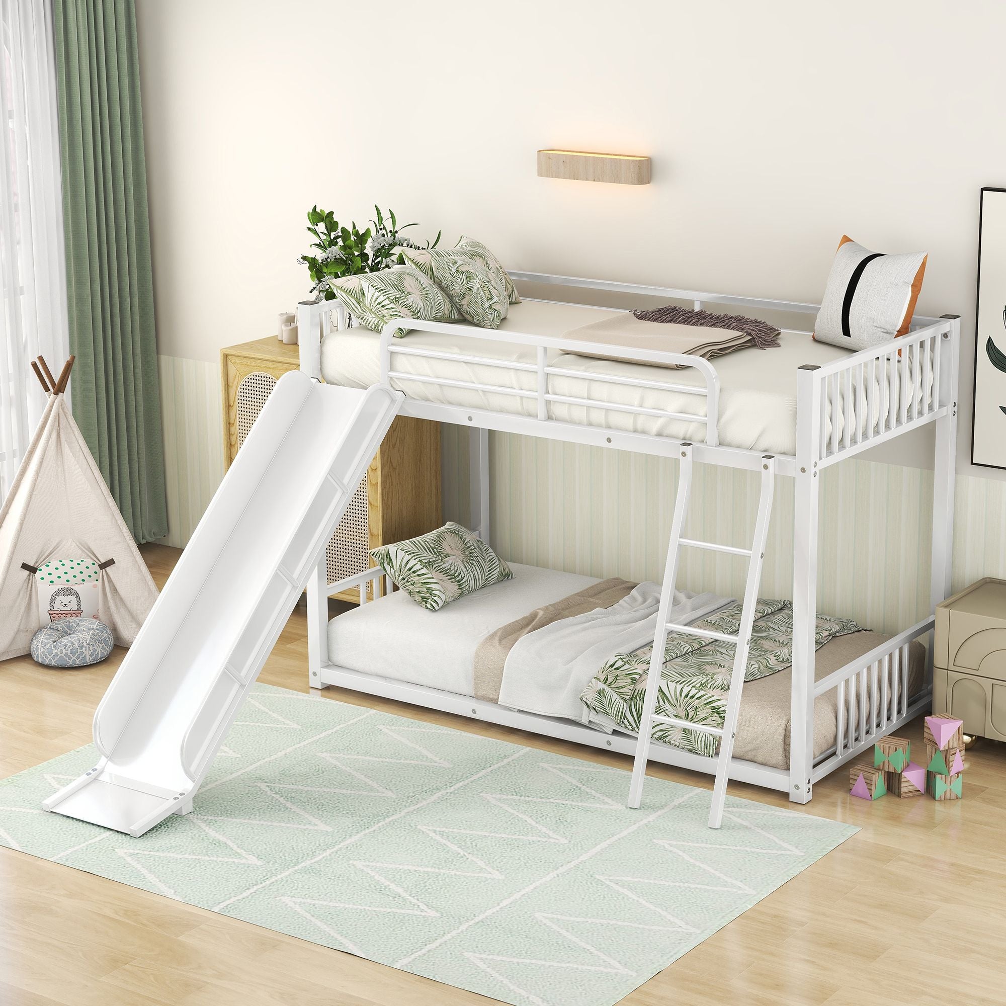 Metal Bunk Bed with Slide, Twin over Twin