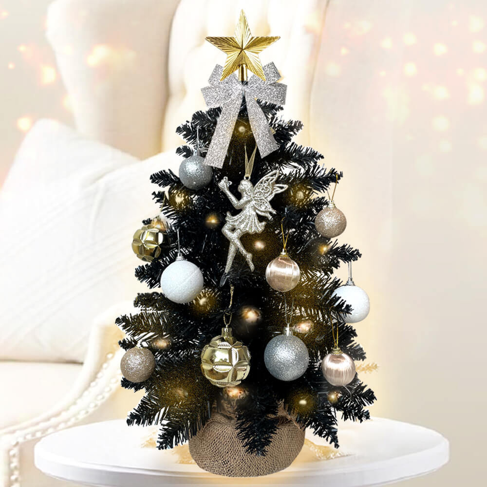 2ft Mini Christmas Tree with Light Artificial Small Tabletop Black Christmas Decoration with Flocked Snow;  Exquisite Decor & Xmas Ornaments for Table Top for Home & Office