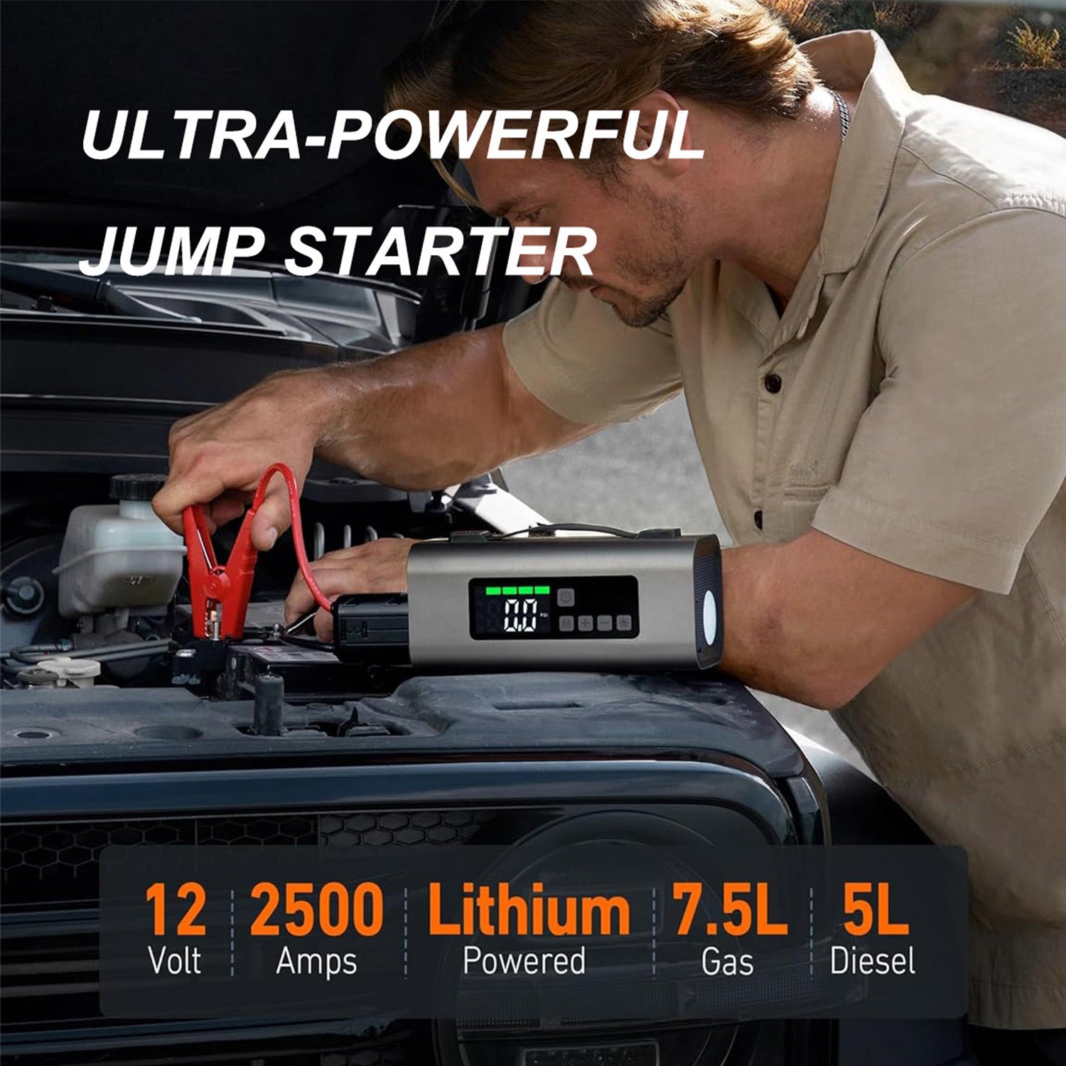 Jump Starter with Air Compressor and Air Pump, 2500A Battery Jump Starter with 150PSI Tire Inflator, Up to 7.5L Gas & 5.0L Diesel Engine, 2" LED Screen for Car Tires, Air Mattress, Inflatables - Mountain Lakes Mall