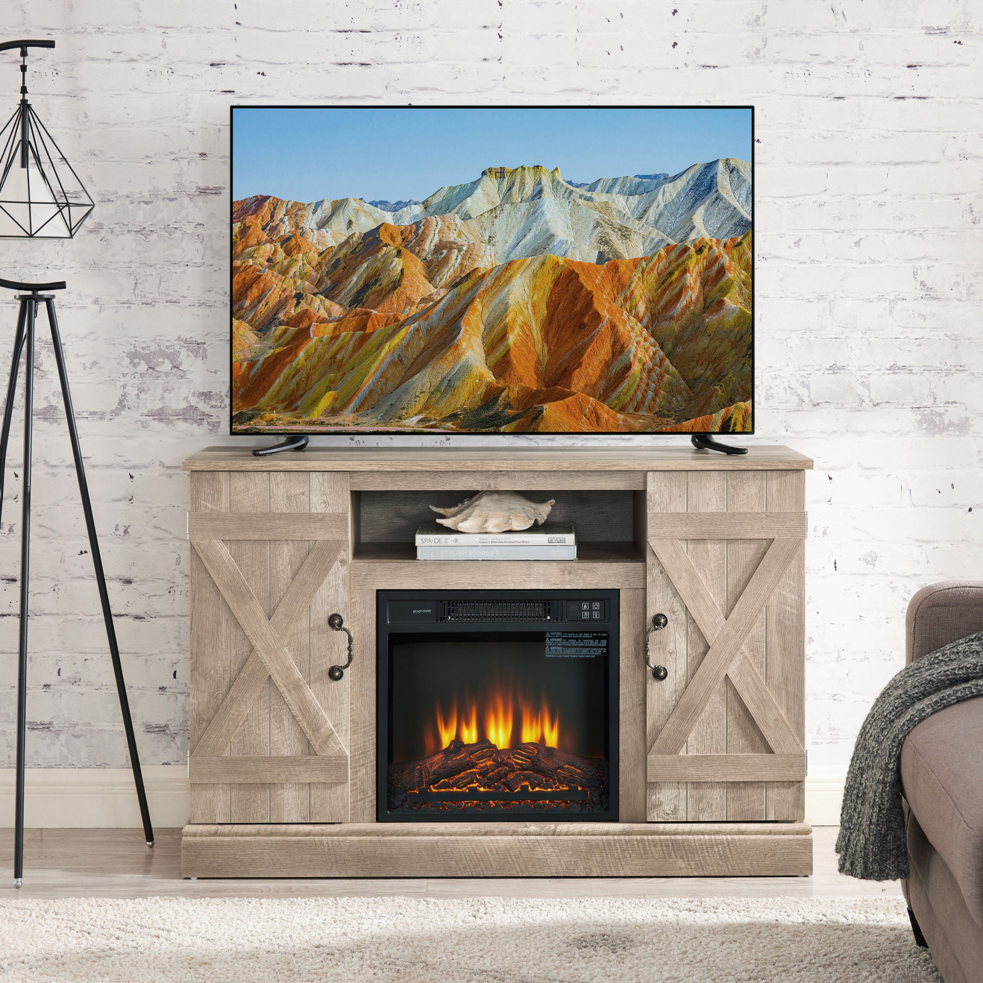 Farmhouse Classic Media TV Stand Antique Entertainment Console with 18" Fireplace Insert for TV up to 50" with Open and Closed Storage Space, Ashland Pine 47"W*15.5"D*30.75"H - Mountain Lakes Mall