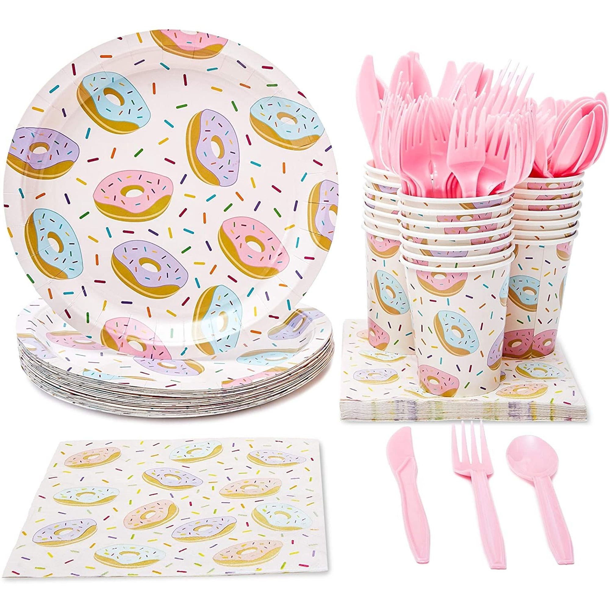 144 Piece Donut Grow Up Party Supplies - Serves 24 Sprinkle Paper Plates, Napkins, Cups and Cutlery for Two Sweet Birthday Decorations - Mountain Lakes Mall