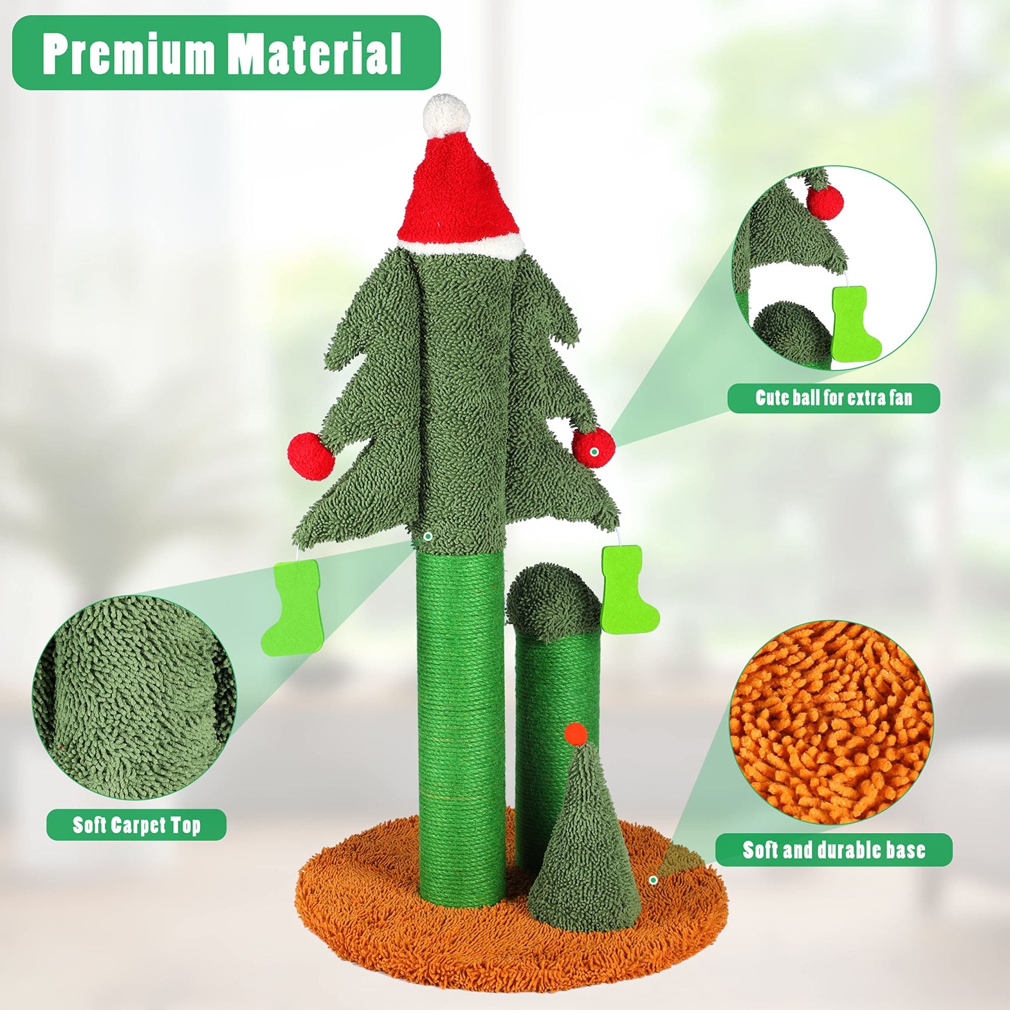 32'' Cat Scratching Post, Tall Christmas Tree Cat Scratcher with 3 Posts and Cute Dangling Teaser Balls, Natural Sisal Rope Cat Toys for Kitty and Adult Cats - Mountain Lakes Mall