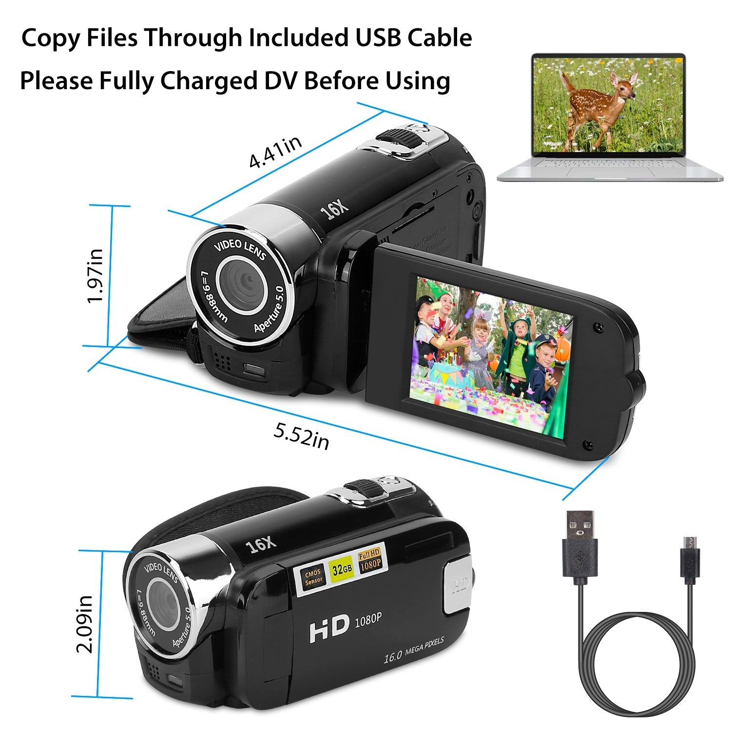 HD 1080P Digital Video Camcorder 2.7in 16X Zoom DV Camera 270° Rotation Rechargeable Kid Camera w/Fill Light Selfie - Mountain Lakes Mall