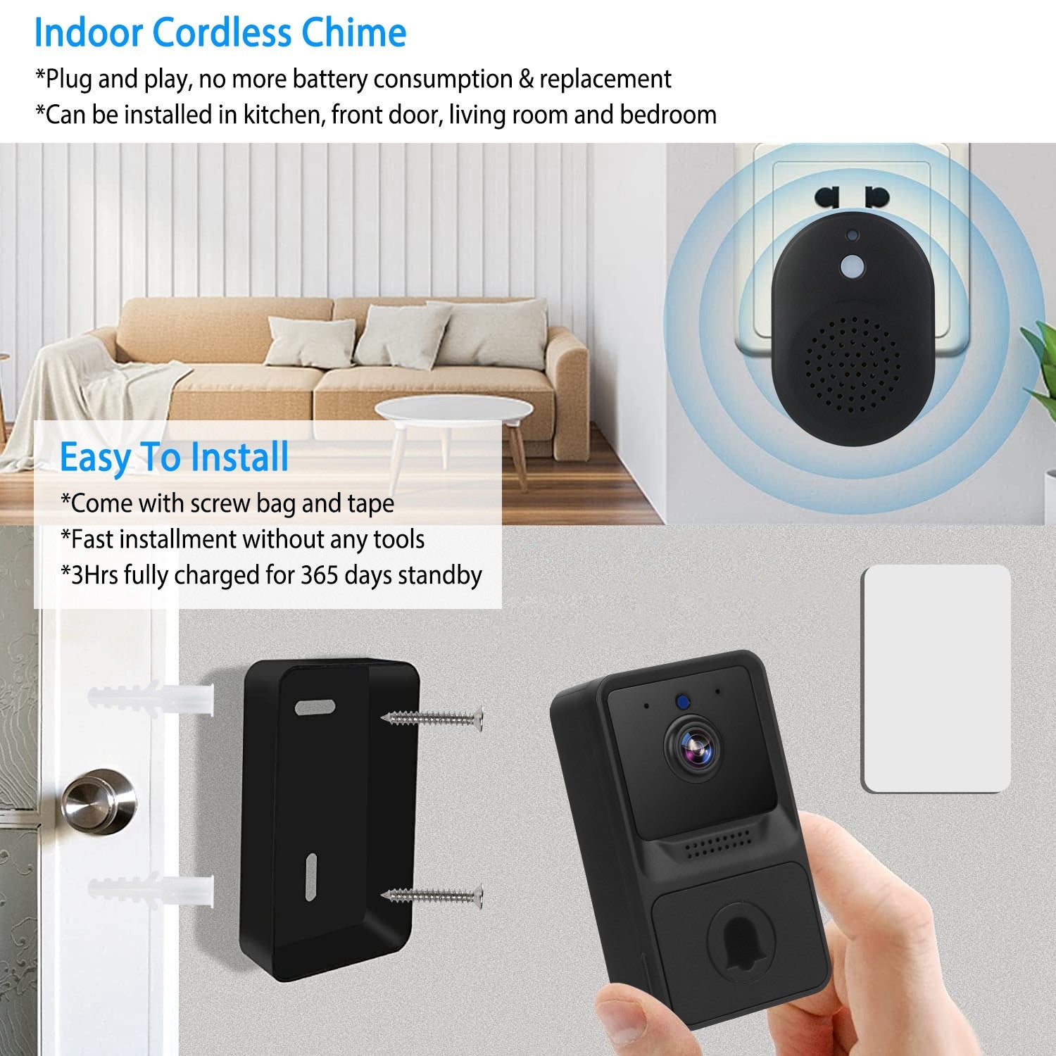 Smart Wireless WiFi Doorbell Security 2 Way Intercom Visual Bell Chime Night Vision Camera Door Bell - Mountain Lakes Mall