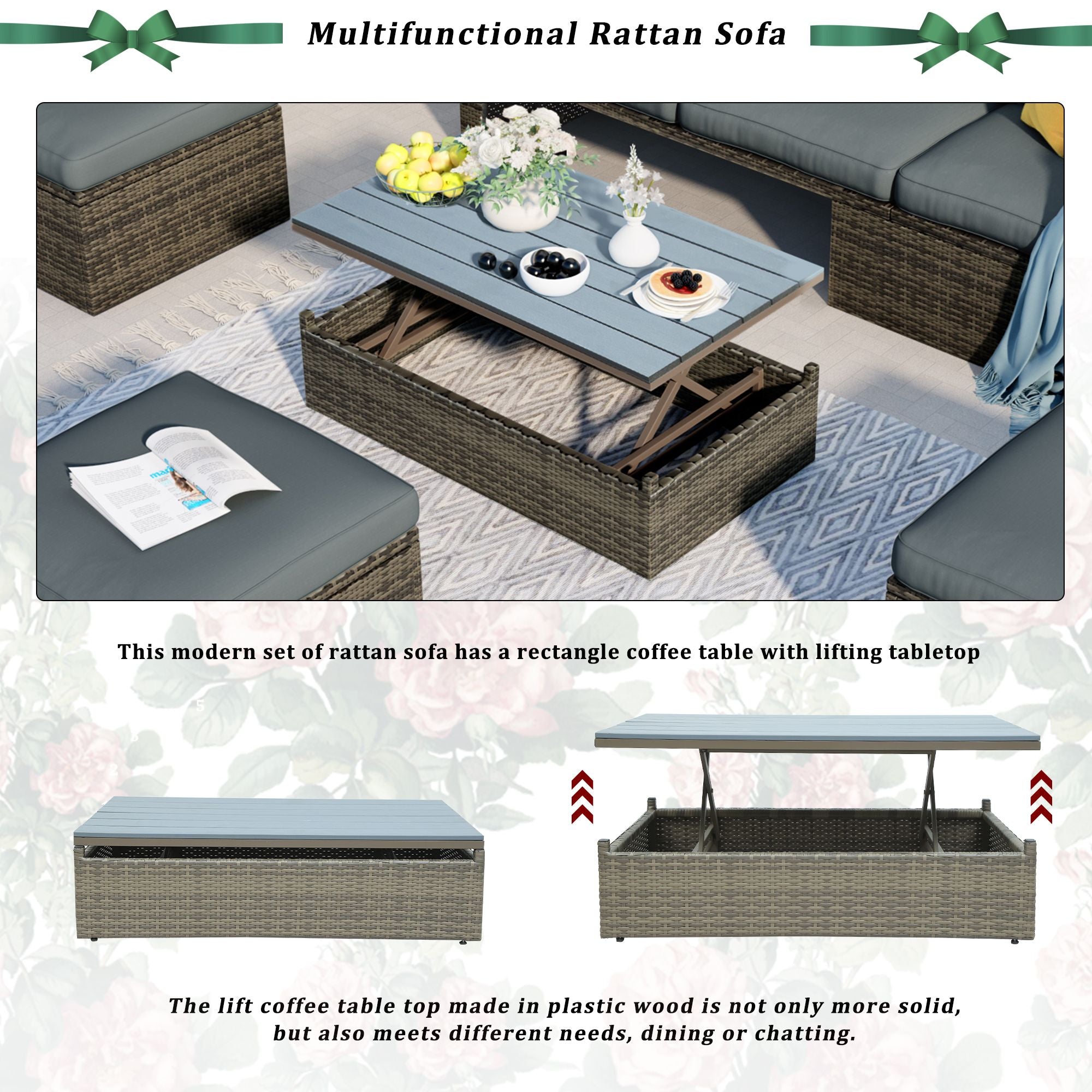 Patio Furniture Sets;  5-Piece Patio Wicker Sofa with Adustable Backrest;  Cushions;  Ottomans and Lift Top Coffee Table