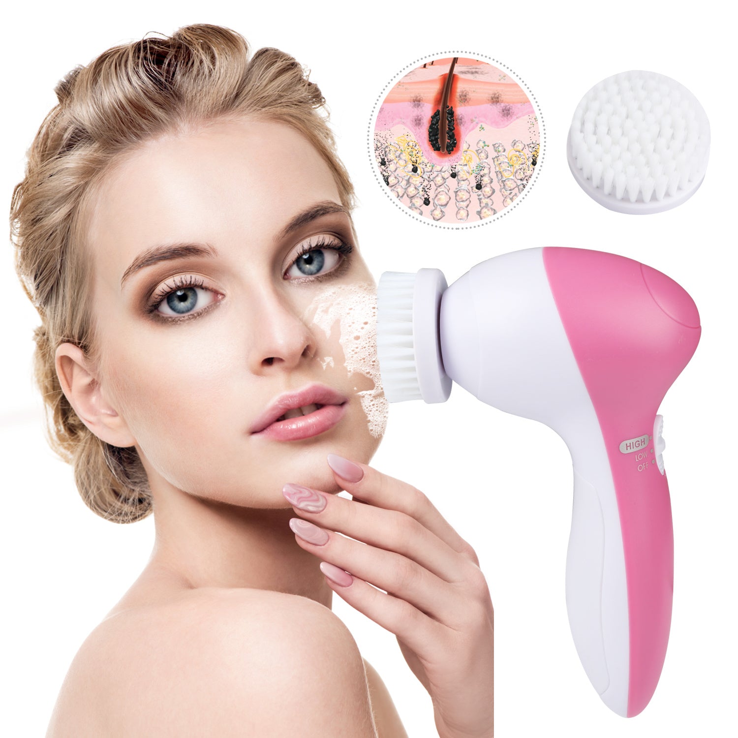 Facial Cleansing Brush Waterproof Face Spin Cleaning Brush with 5 Brush Heads - Mountain Lakes Mall