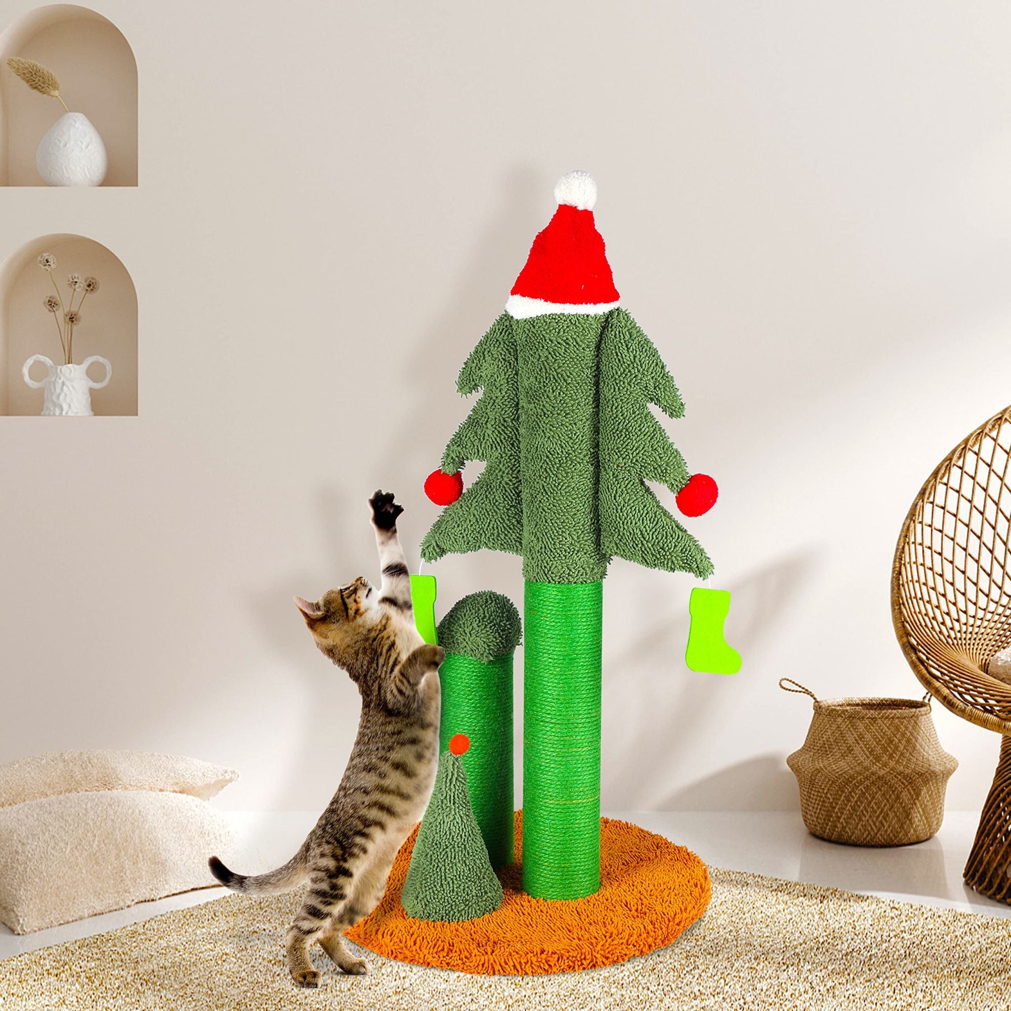 32'' Cat Scratching Post, Tall Christmas Tree Cat Scratcher with 3 Posts and Cute Dangling Teaser Balls, Natural Sisal Rope Cat Toys for Kitty and Adult Cats - Mountain Lakes Mall