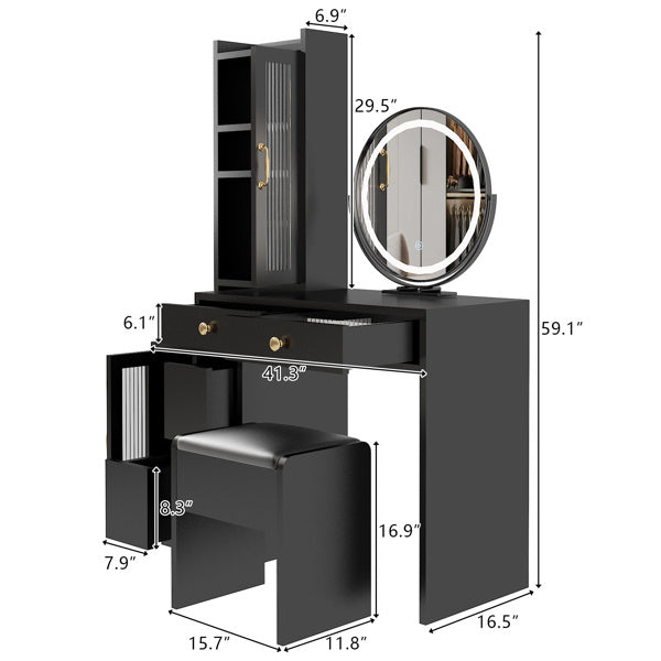 Modern Makeup Vanity Table Set with Side Cabinet and LED Mirror, Retractable Dressing Table with Power Outlets, 3 Light Colors - Mountain Lakes Mall