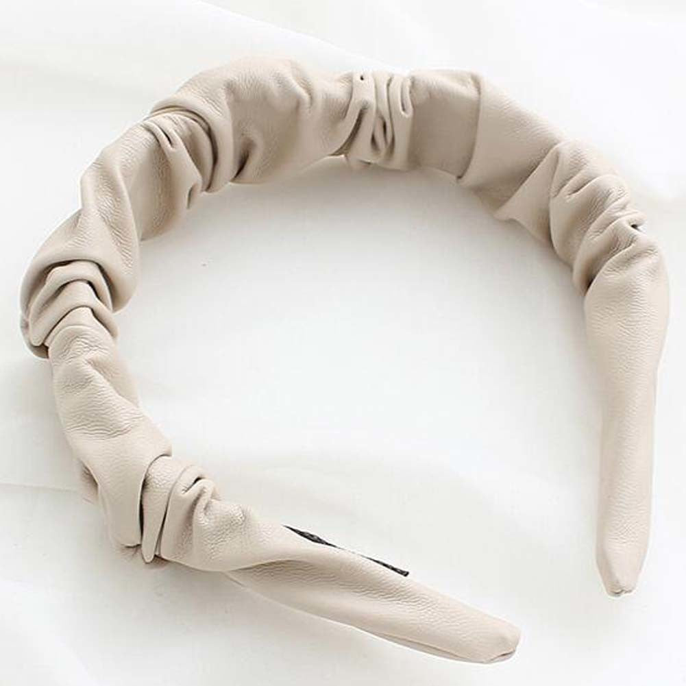 Beige PU Leather Pleated Wide Headband Womens Simple Hairband Hair Accessories - Mountain Lakes Mall