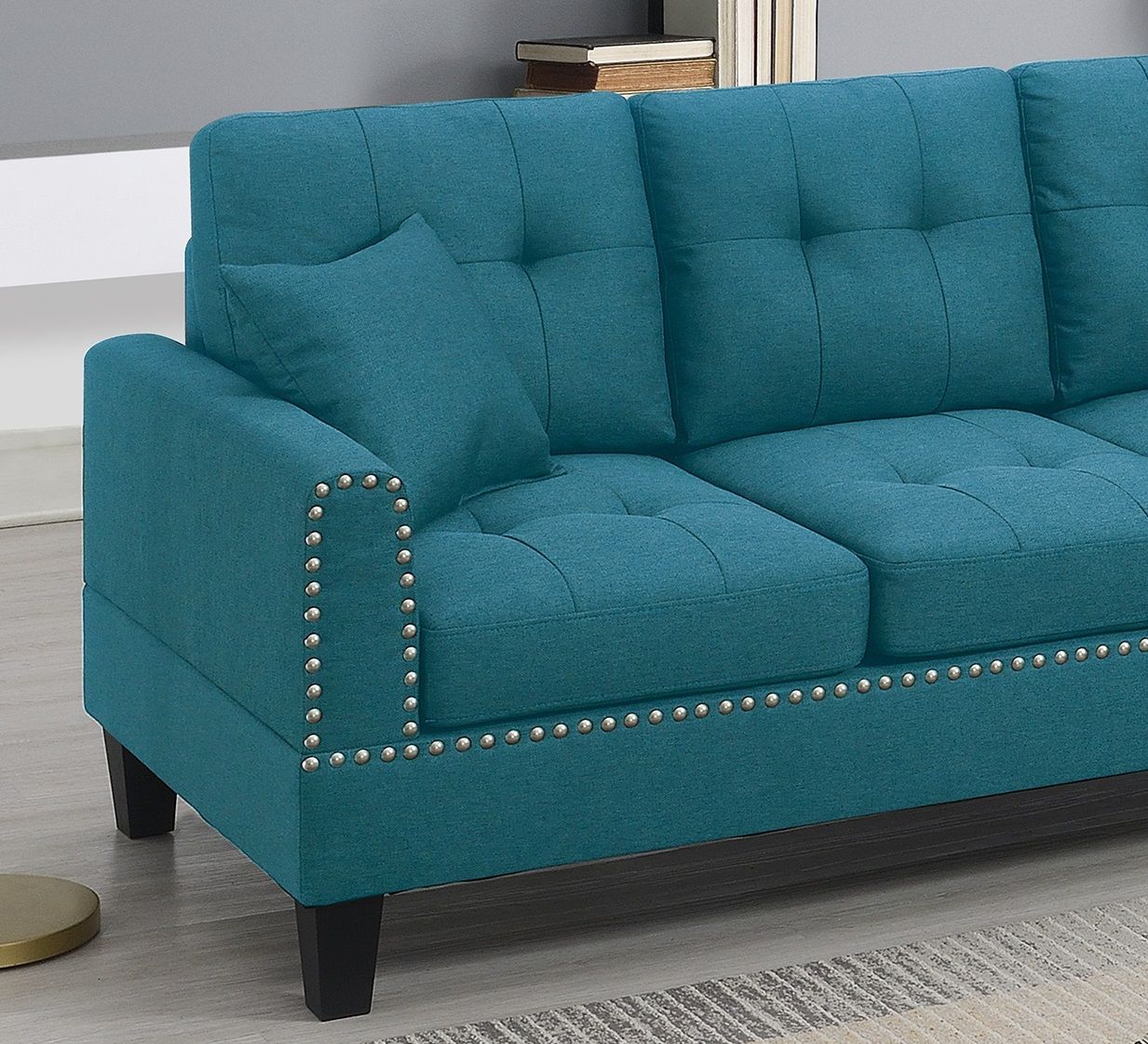 2-PCS SECTIONAL SET Living Room Furniture LAF Sofa And RAF Chaise Azure / Blue Color Linen Like Fabric Tufted Couch