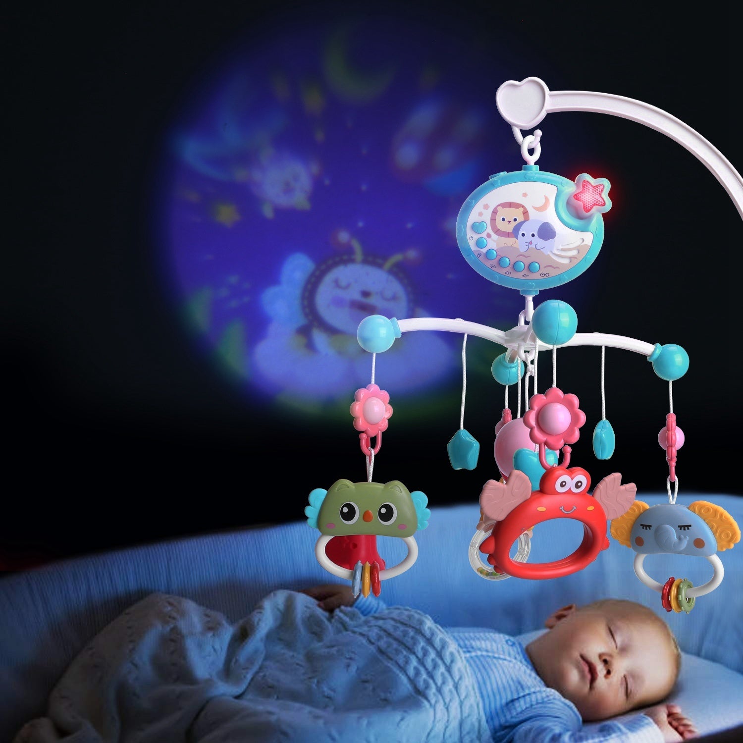 Baby Musical Crib Bed Bell Rotating Mobile Star Projection Nursery Light Baby Rattle Toy with Music Box Remote Control - Mountain Lakes Mall