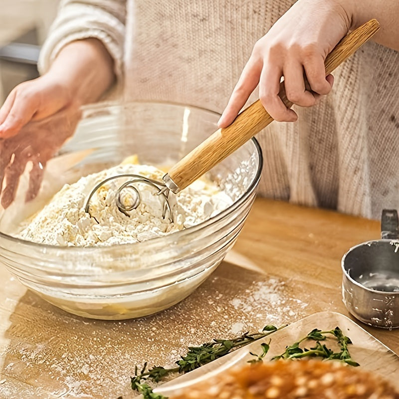 1pc Stainless Steel Dough Whisk With Wooden Handle - Bread Making Tool - Mountain Lakes Mall