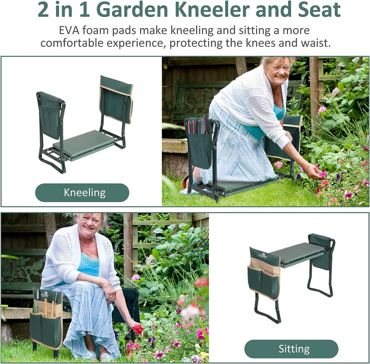 Foldable Garden Kneeler and Seat Gardening Bench with Two Tool Pouches and 6"/8" Widen Soft Kneeling Pad - Mountain Lakes Mall