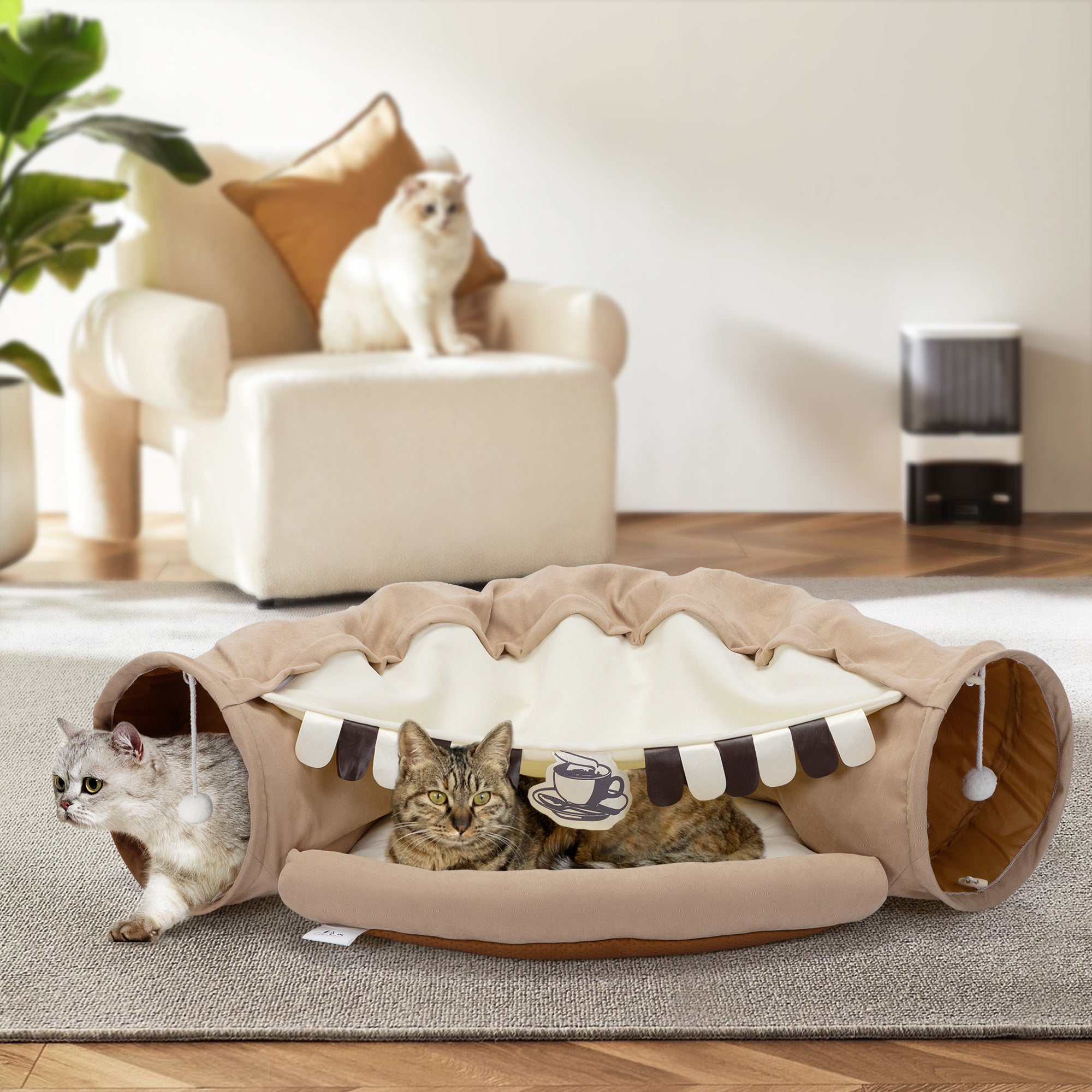 Collapsible Cat Tunnel Bed;  Hide Tunnel for Indoor Cats with Hanging Toys and Cushion Mat;  XH - Mountain Lakes Mall