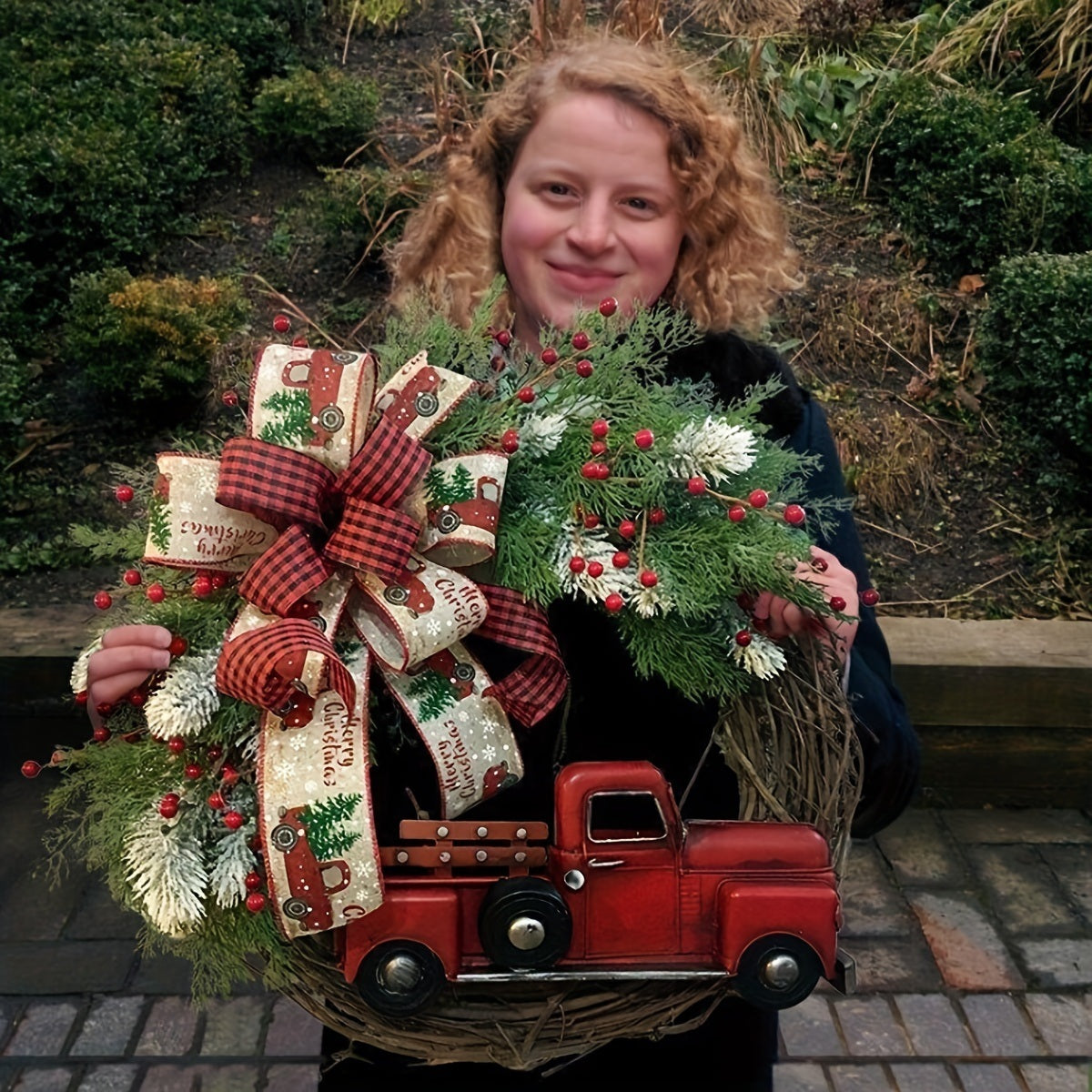 1pc, Christmas Wreath Red Truck Decoration, Large Door Front Wreath, Door Hanging, Christmas Decorations, Home Decoration Wreath, Christmas Decor Supplies, Holiday Decor - Mountain Lakes Mall