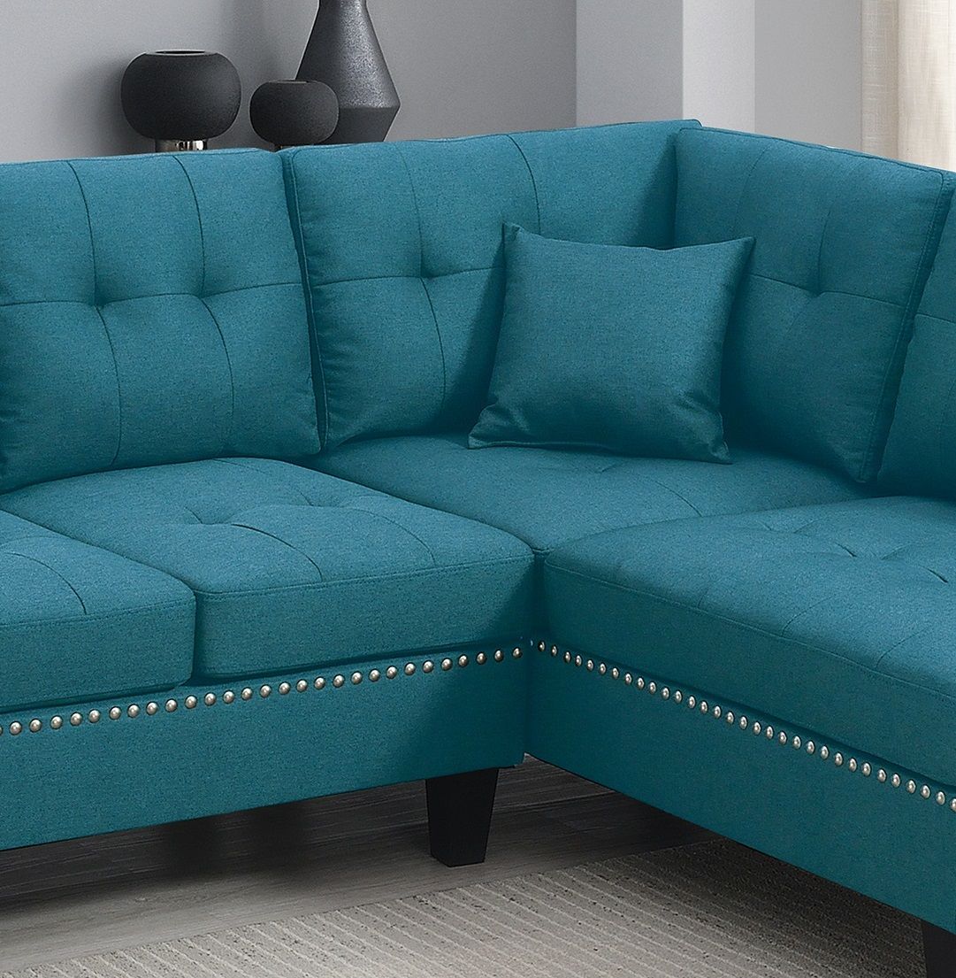 2-PCS SECTIONAL SET Living Room Furniture LAF Sofa And RAF Chaise Azure / Blue Color Linen Like Fabric Tufted Couch