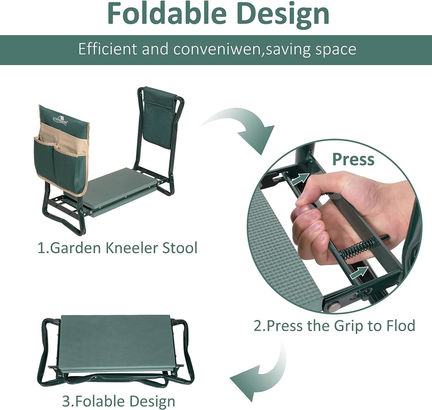 Foldable Garden Kneeler and Seat Gardening Bench with Two Tool Pouches and 6"/8" Widen Soft Kneeling Pad - Mountain Lakes Mall