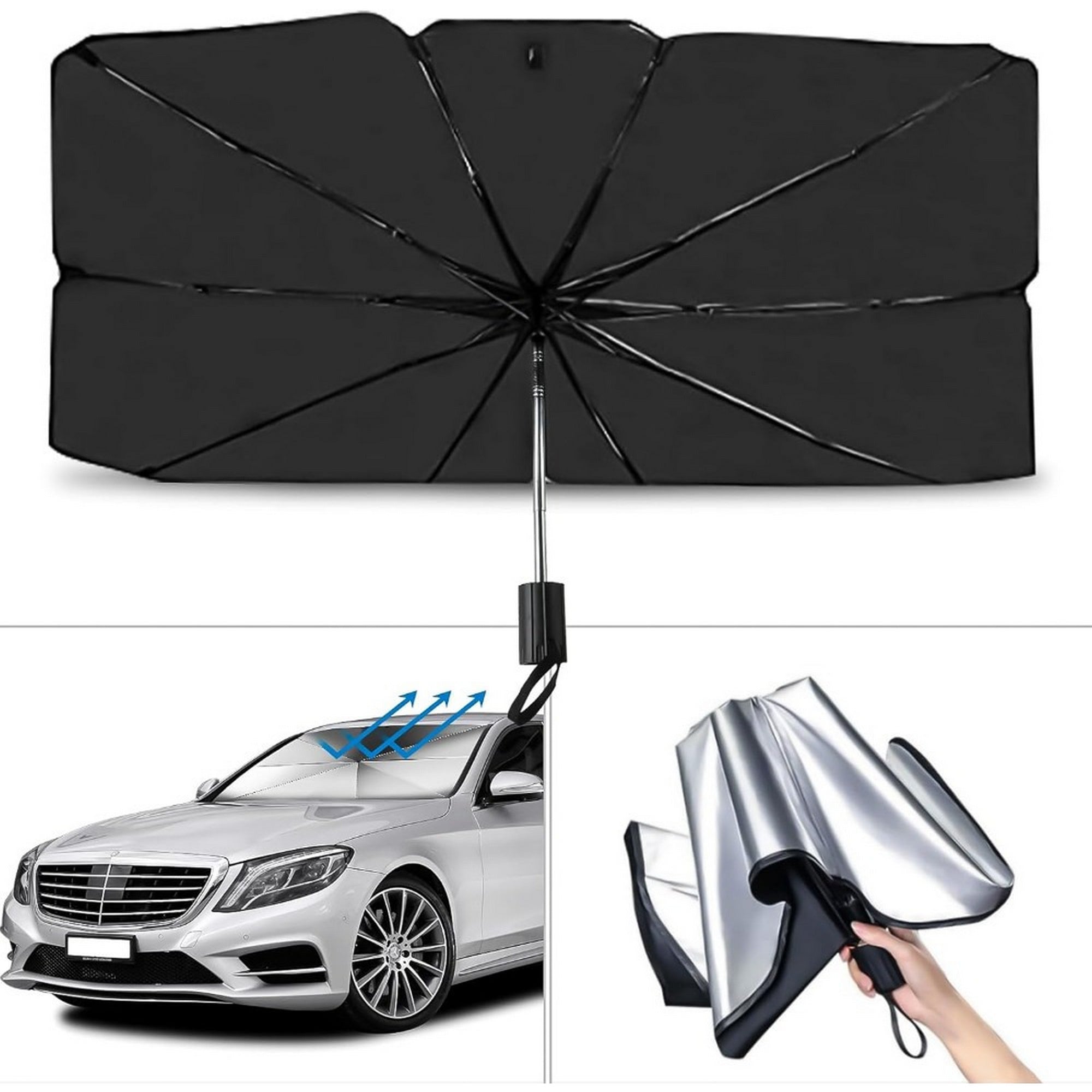 Stainless Steel Premium Car Windshield Sunshade - Portable, Foldable, and Adjustable Design for Maximum Sun Protection - Easy to Install and Store - Mountain Lakes Mall