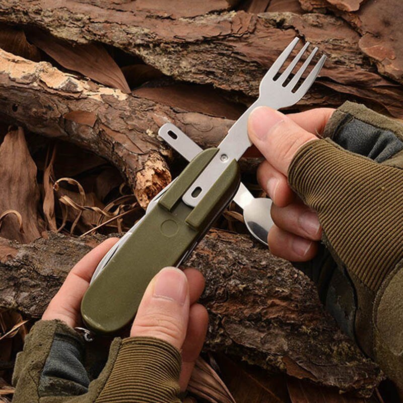 7 In 1 Multifunctional Outdoor Tableware Stainless Steel Foldable Fork Spoon Knife Picnic Camping Hiking Travelling Dinnerware - Mountain Lakes Mall