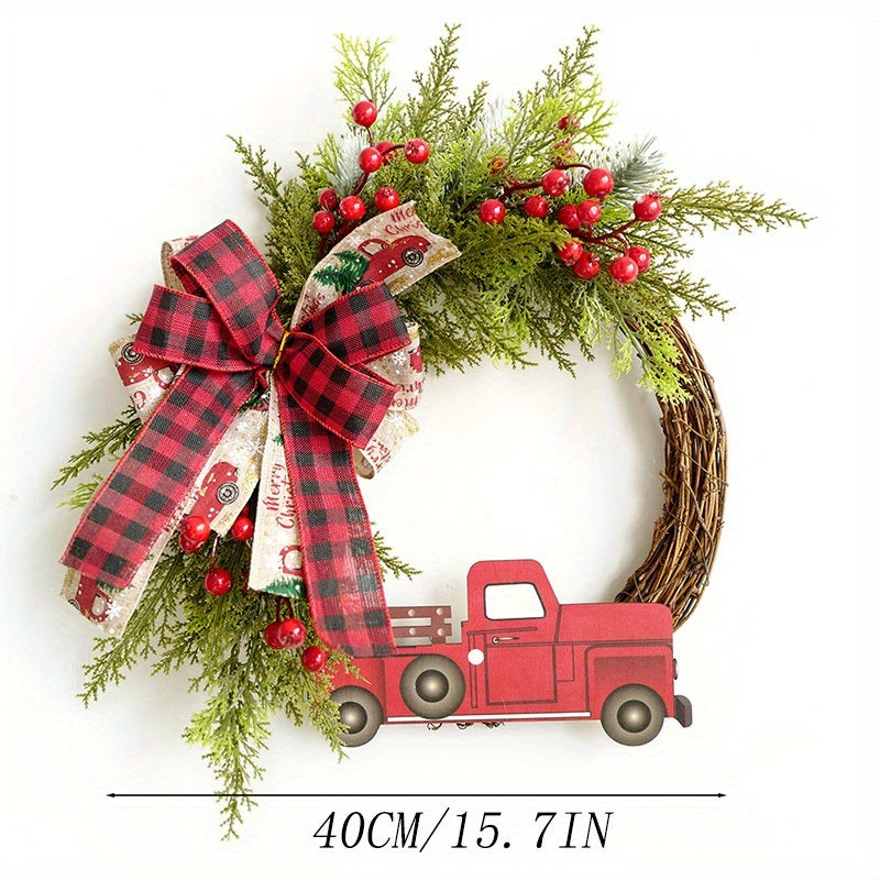 1pc, Christmas Wreath Red Truck Decoration, Large Door Front Wreath, Door Hanging, Christmas Decorations, Home Decoration Wreath, Christmas Decor Supplies, Holiday Decor - Mountain Lakes Mall