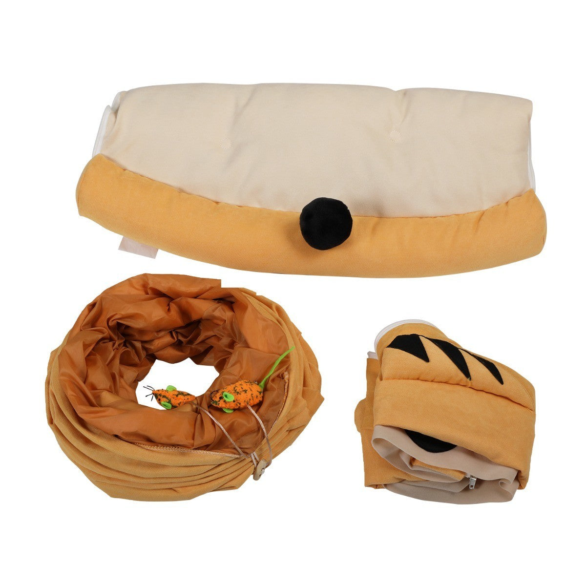 Collapsible Cat Tunnel Bed;  Hide Tunnel for Indoor Cats with Hanging Toys and Cushion Mat;  XH - Mountain Lakes Mall