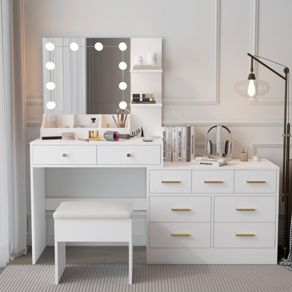 Large Makeup Vanity with Lights, Vanity Table with Charging Station, Vanity Desk with Mirror and 10 LED Light Bulbs, Makeup Table with Tabletop Compartments, Drawers and Storage Shelves, White